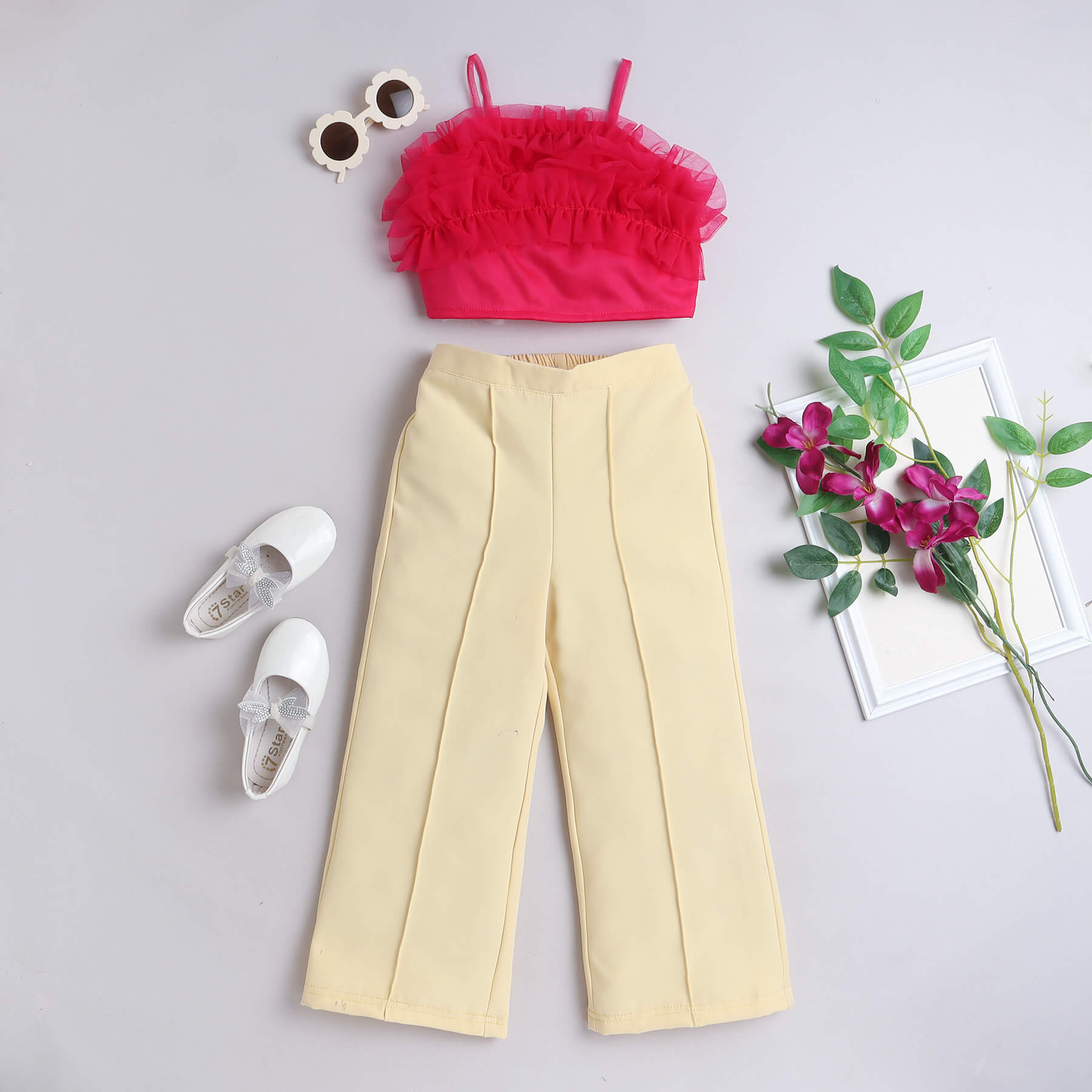 ruffle detail singlet party crop top and pant set-Pink/Yellow