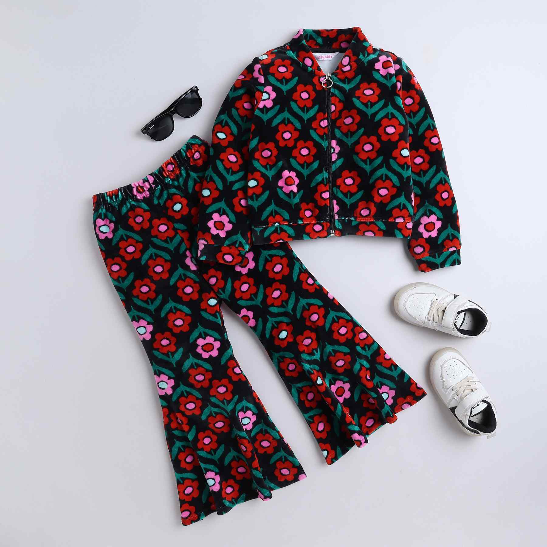 floral printed full sleeves zip up bomber jacket and bell bottom pant set-Multi