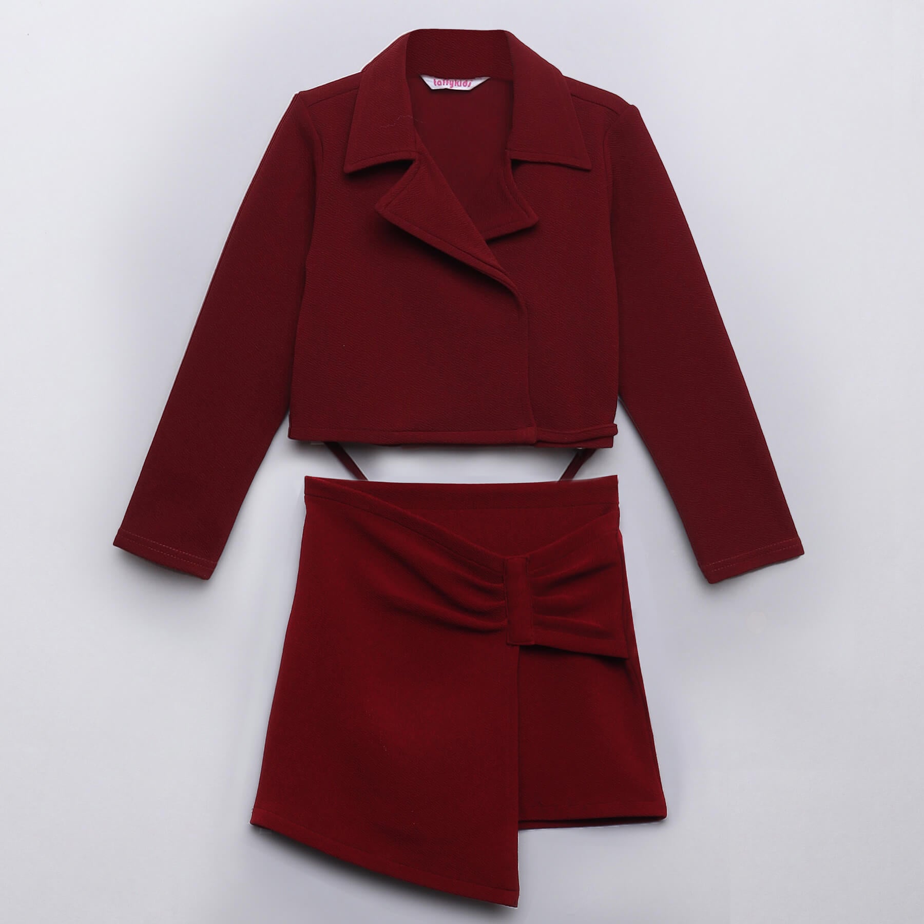 full sleeve waist tie-up crop blazer and bow detail skirt co-ord set-Brown