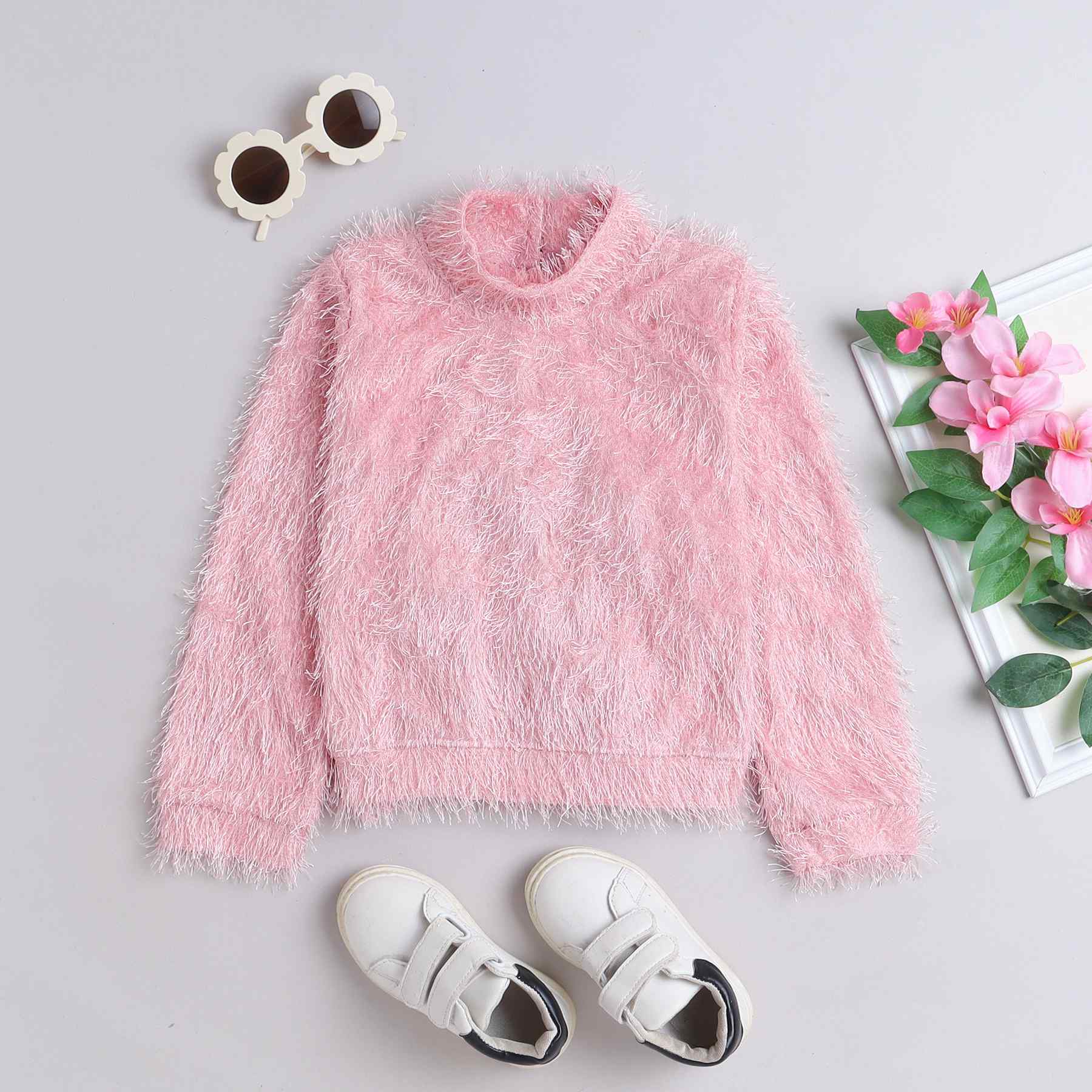 Fur full sleeves party sweatshirt-Peach