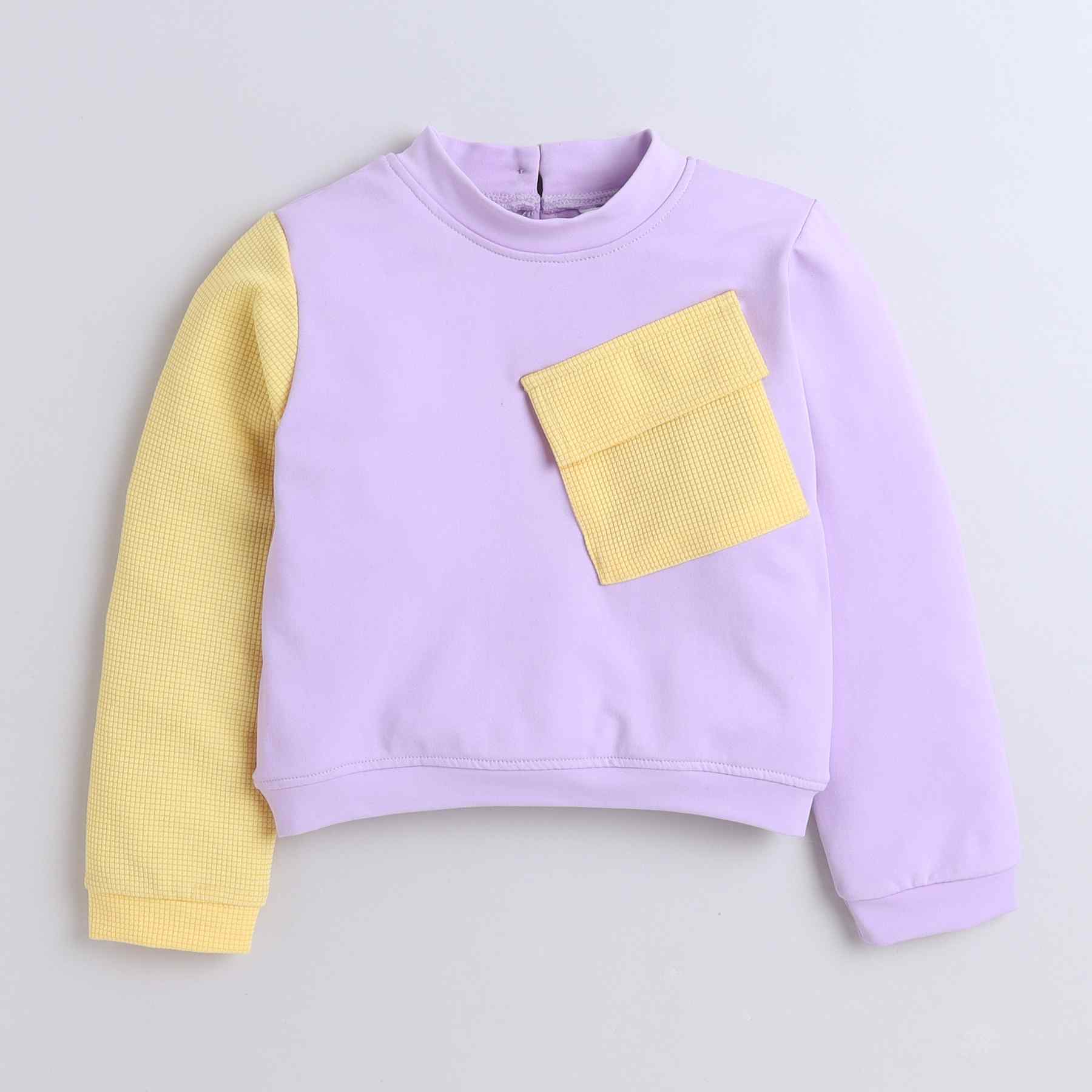 color block full sleeves pocket detail sweatshirt and skirt set-Lavender/Yellow