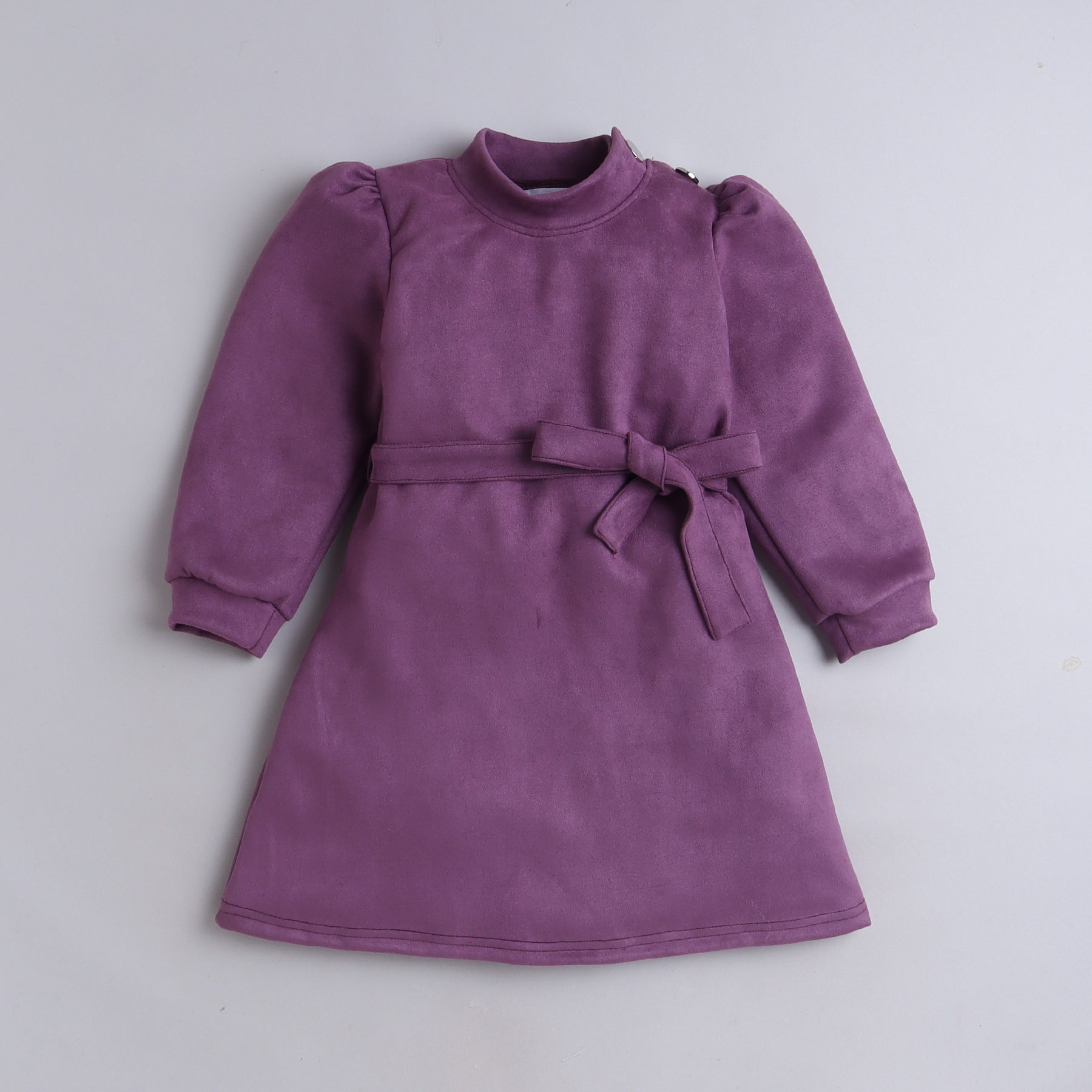 suede high neck full sleeves A-line dress with belt-Purple