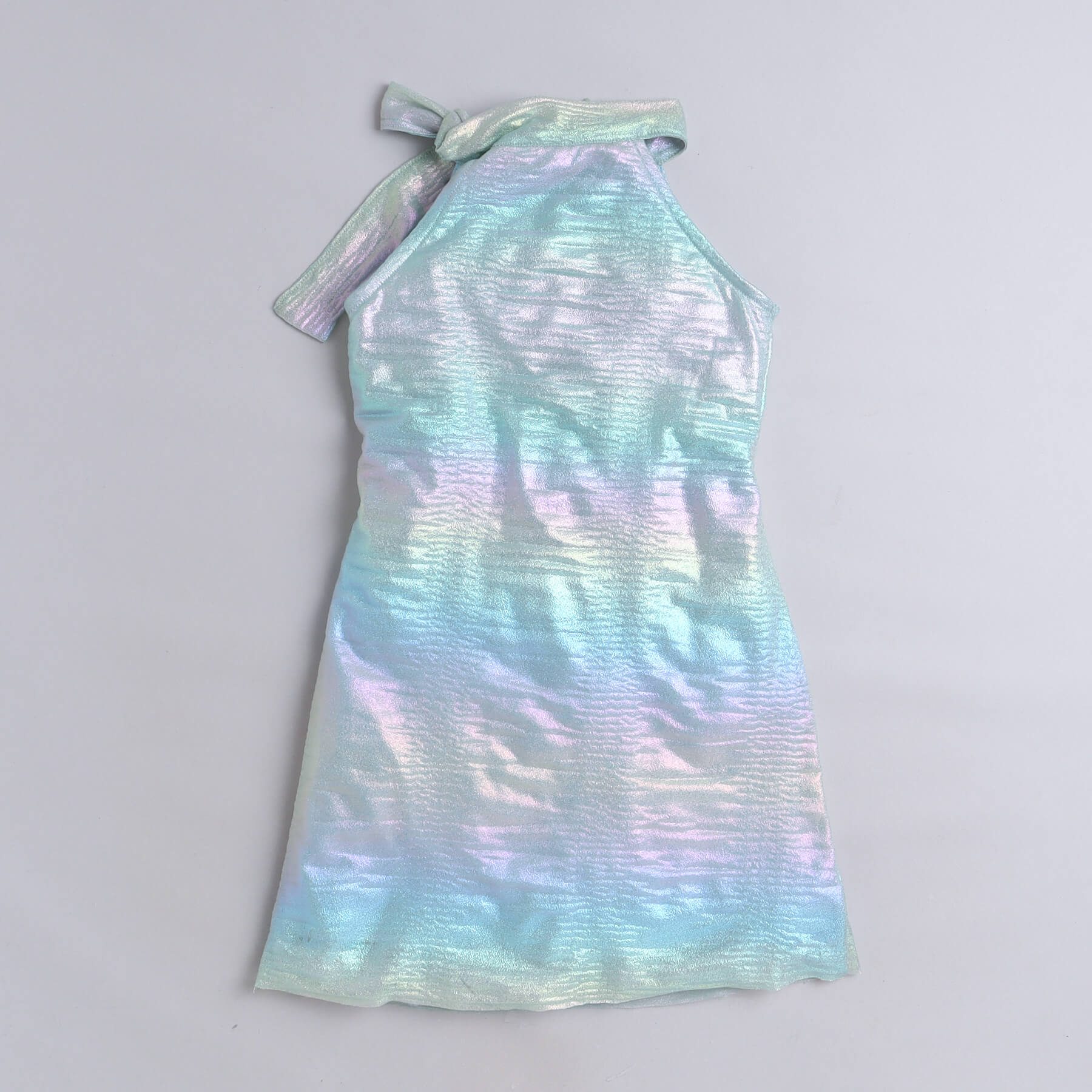 holographic crush texture sleeveless halter scarf neck party dress-Green