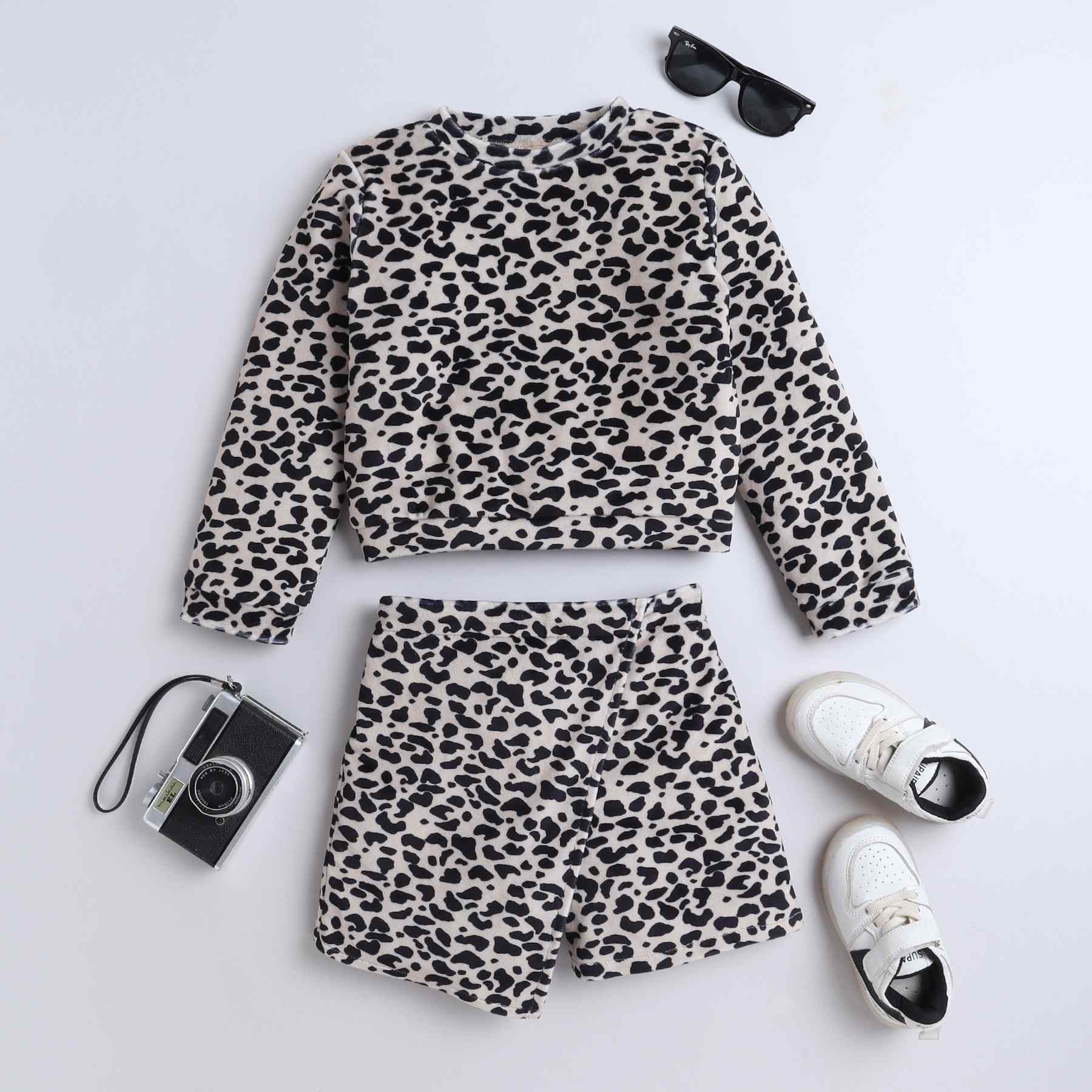 animal printed full sleeves sweatshirt and matching skort set- Beige/Black