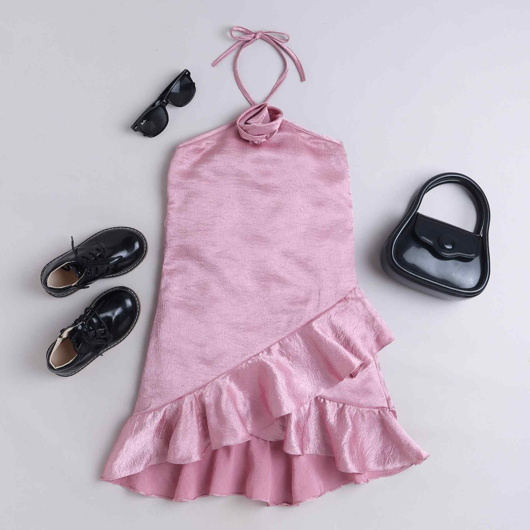 rose and ruffle detail Aline party dress-Pink