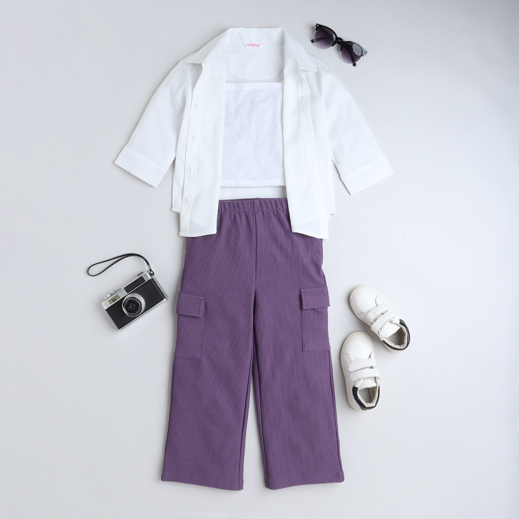 solid oversized shirt and cargo pant set with solid crop top-White/Purple