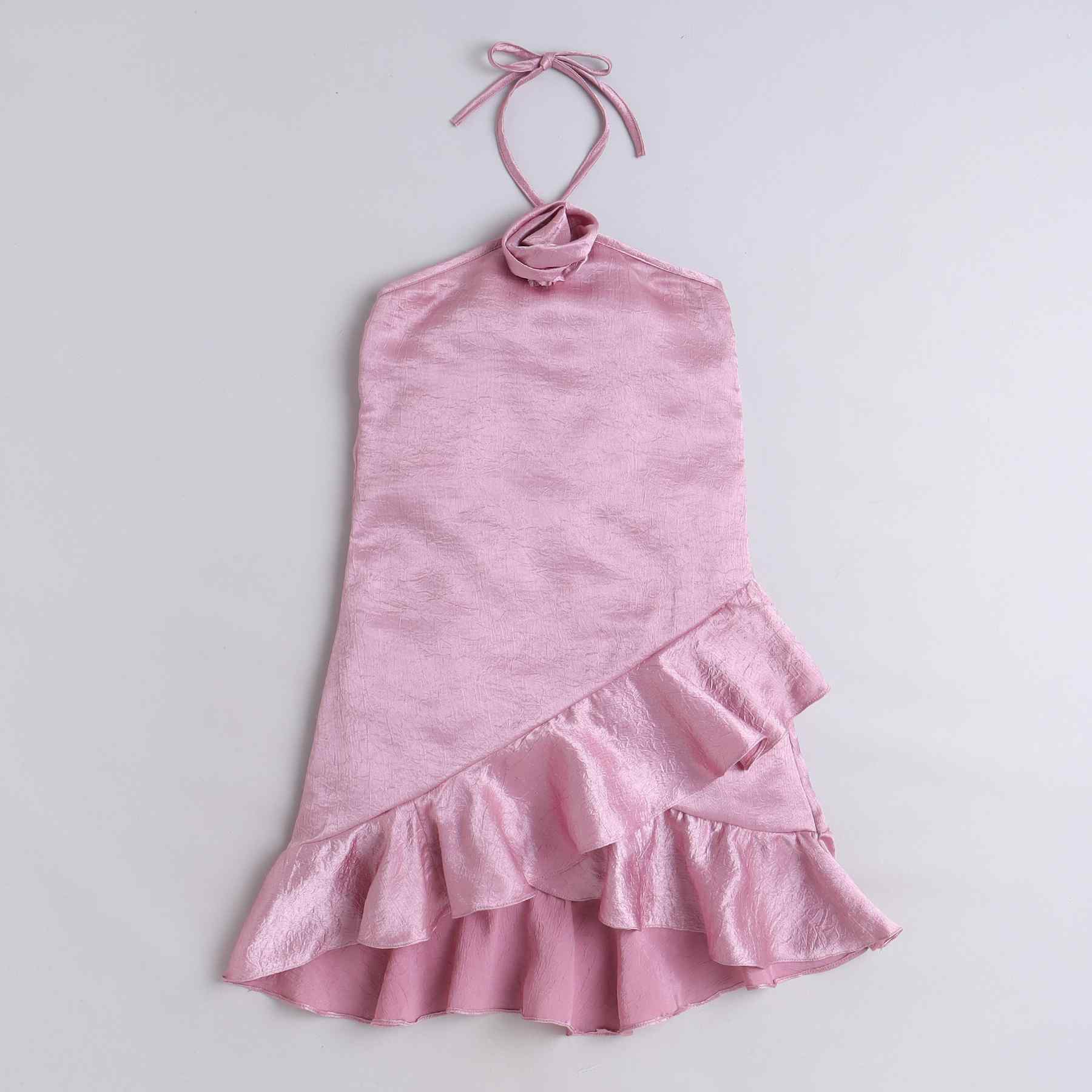 rose and ruffle detail Aline party dress-Pink