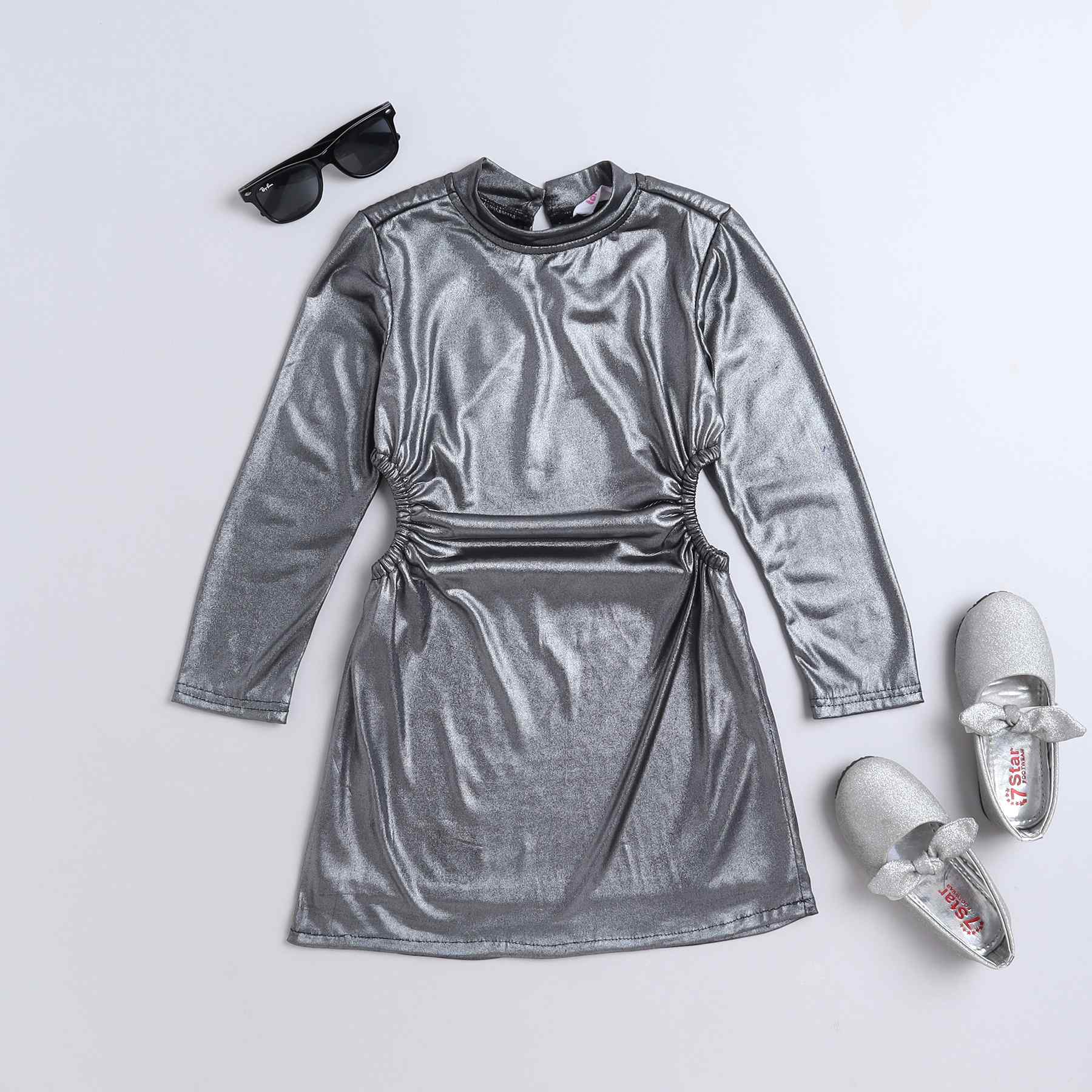 silver metallic foil full sleeves circle ruched above knee length party dress-Silver