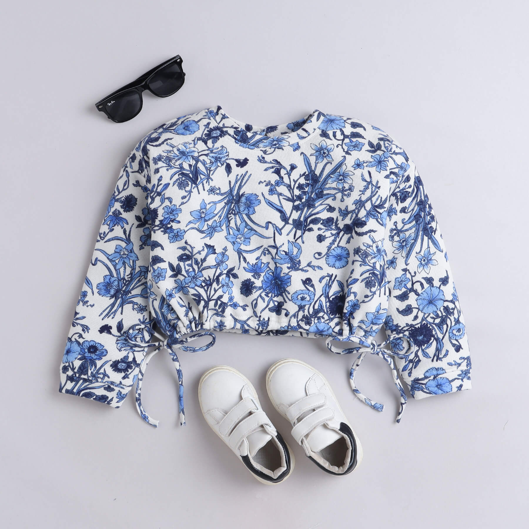 floral printed full sleeves waist tie-up crop sweatshirt-White/Blue