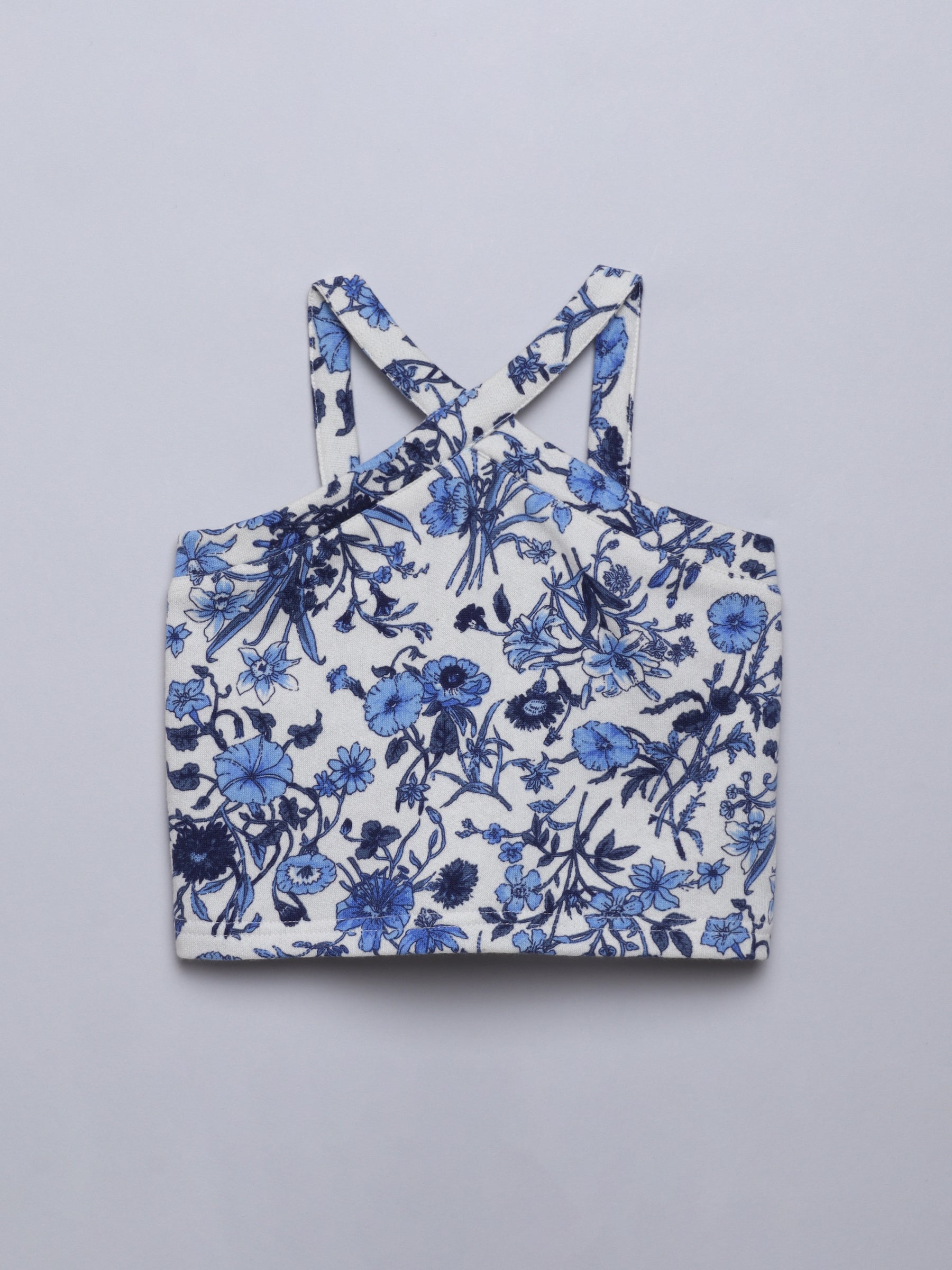 100% cotton sleeveless Floral printed halter neck crop top-Blue & White