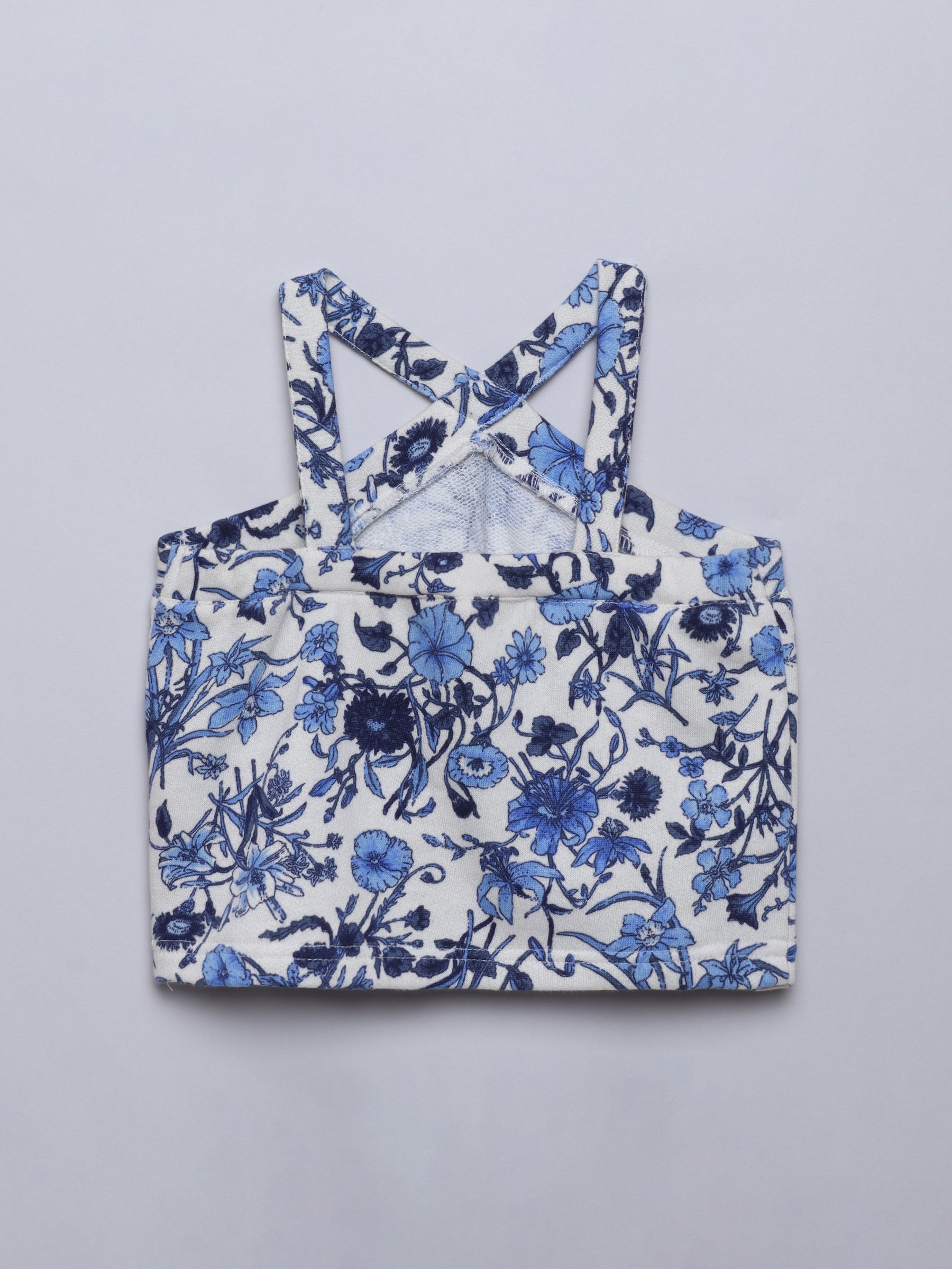 100% cotton sleeveless Floral printed halter neck crop top-Blue & White