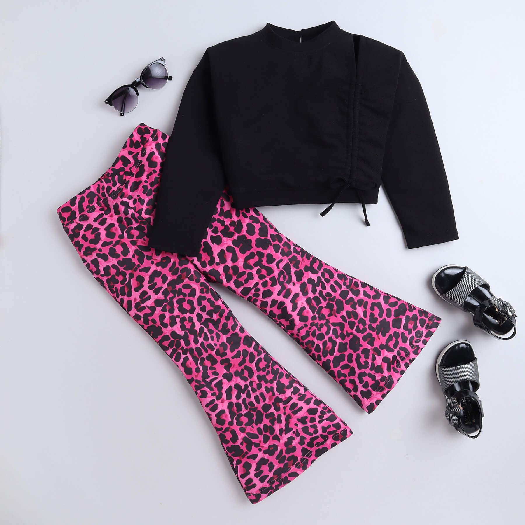 full sleeves cut-out detail ruched sweatshirt and leopard printed bell bottom pant set-Black/Pink