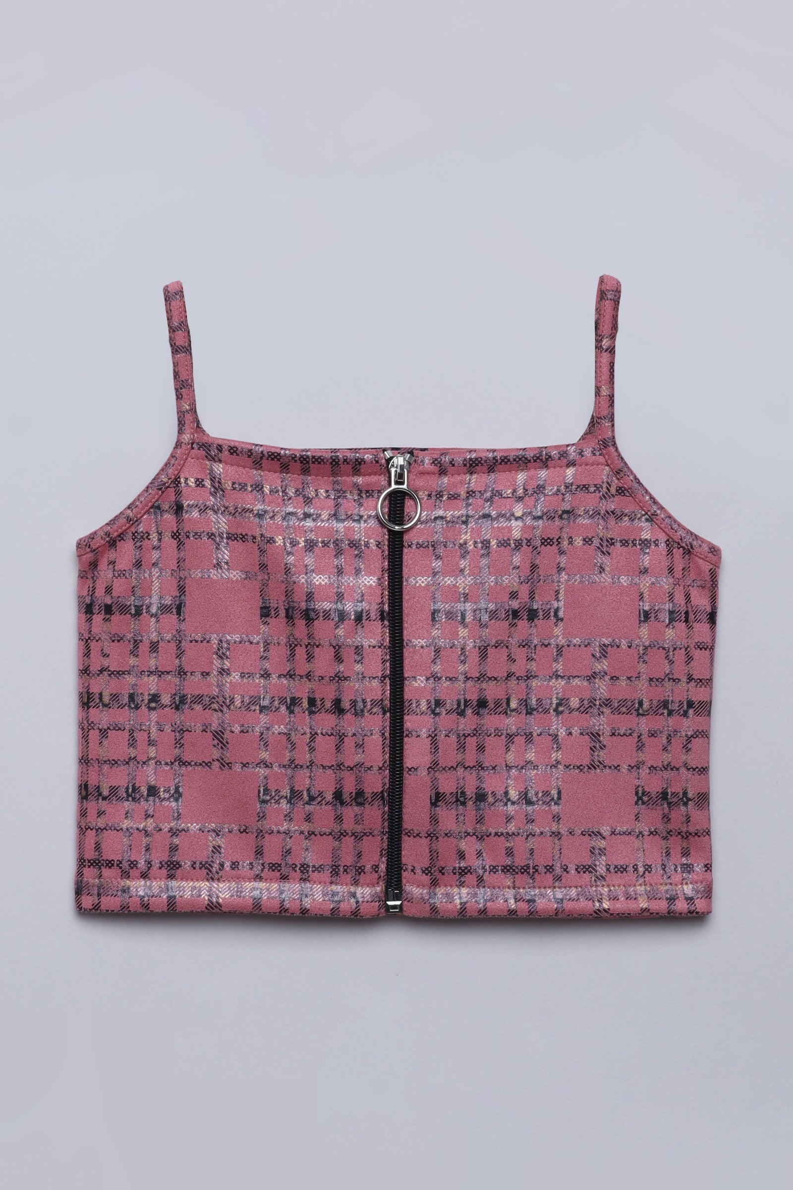 sleeveless checks printed singlet neck zipper party crop top-Mauve