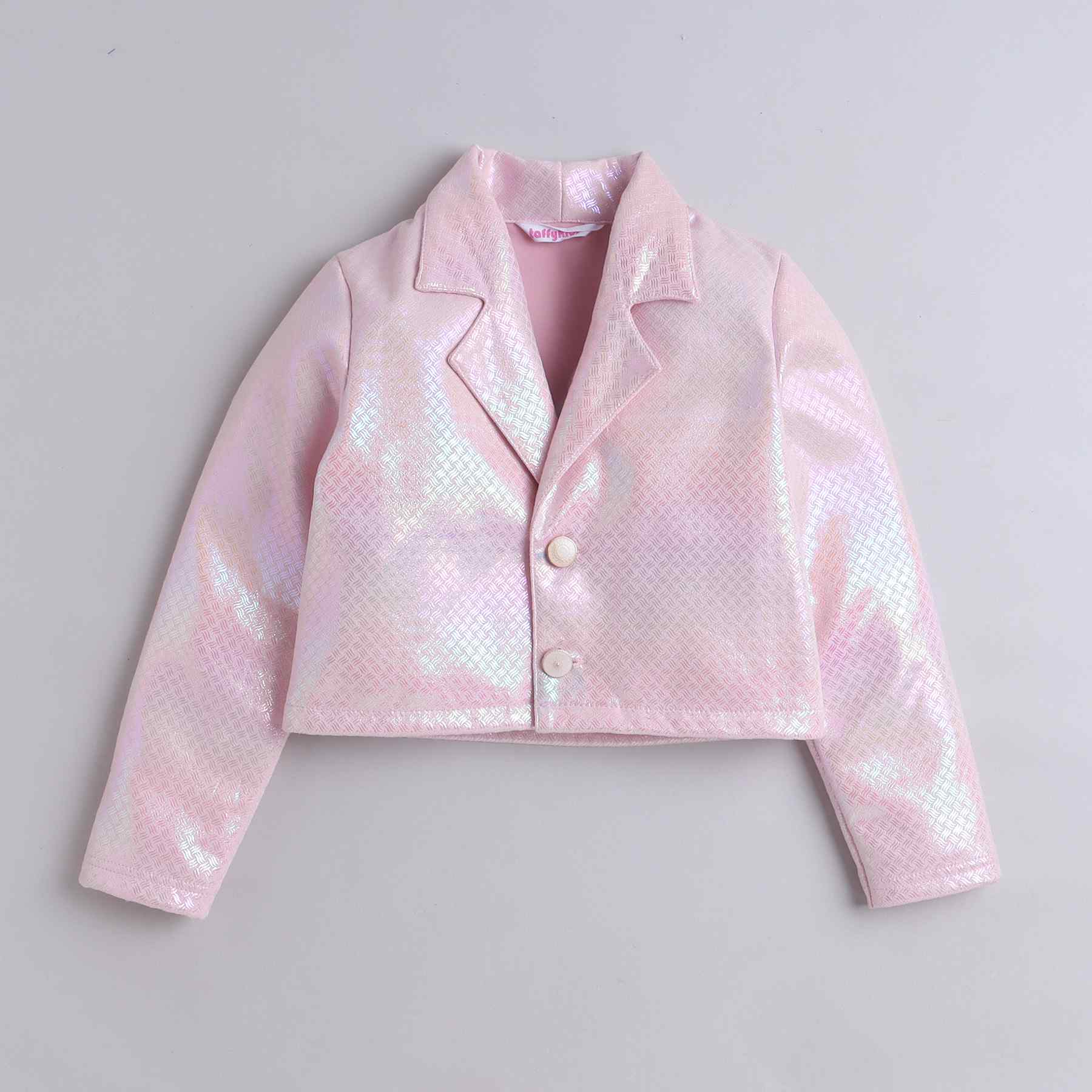 foil printed full sleeves crop blazer with matching pleated skirt and high neck crop top set-Pink/White