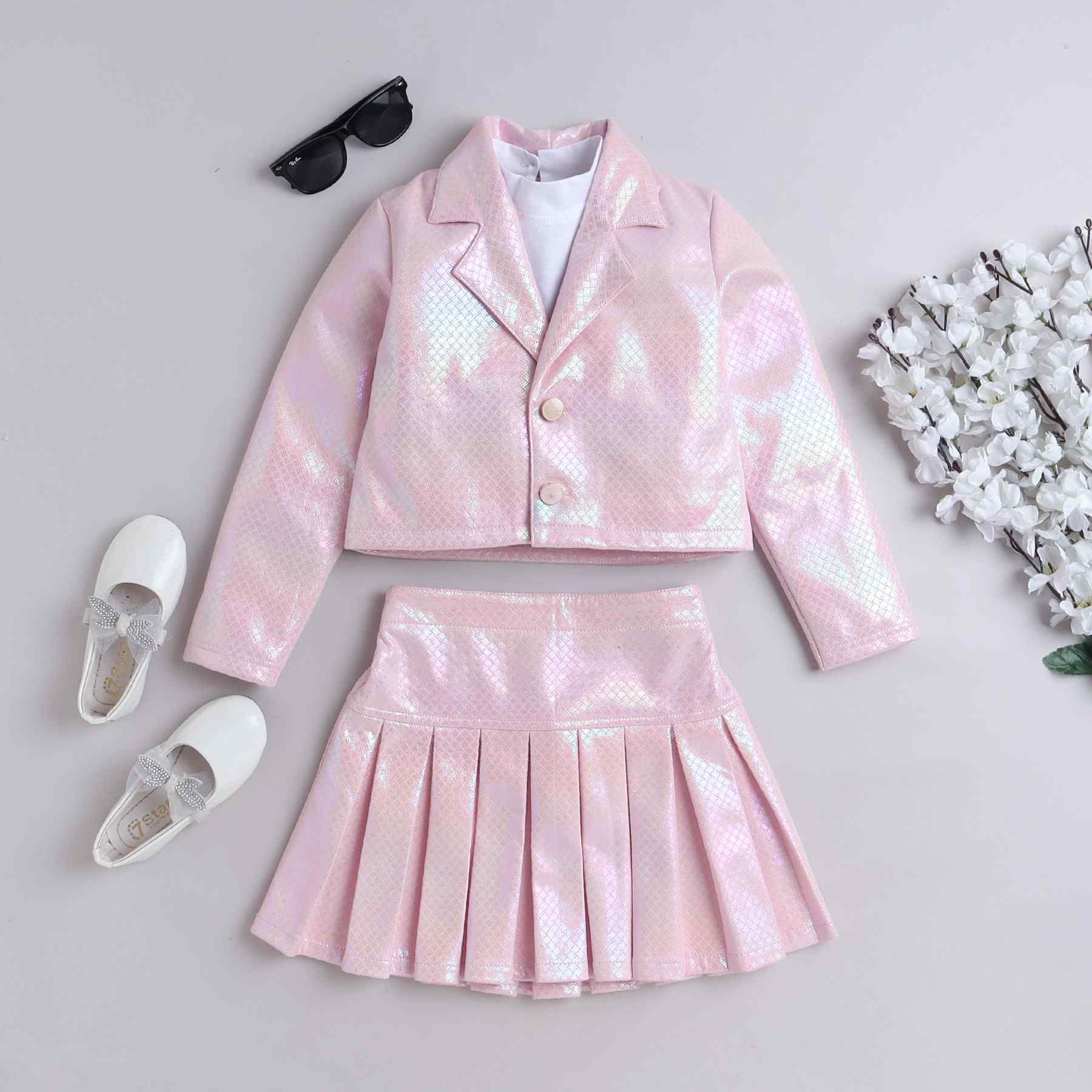 foil printed full sleeves crop blazer with matching pleated skirt and high neck crop top set-Pink/White