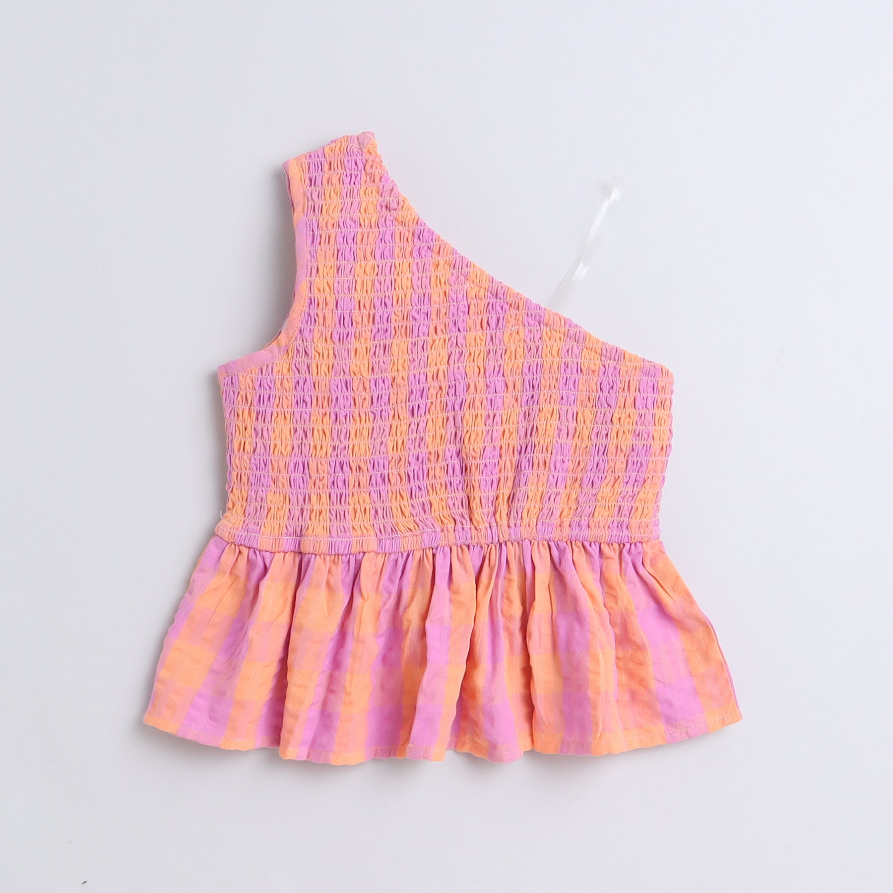 Shop 100% Cotton Yarn Dyed Checks Smocked Peplum Top-Orange/Purple Online