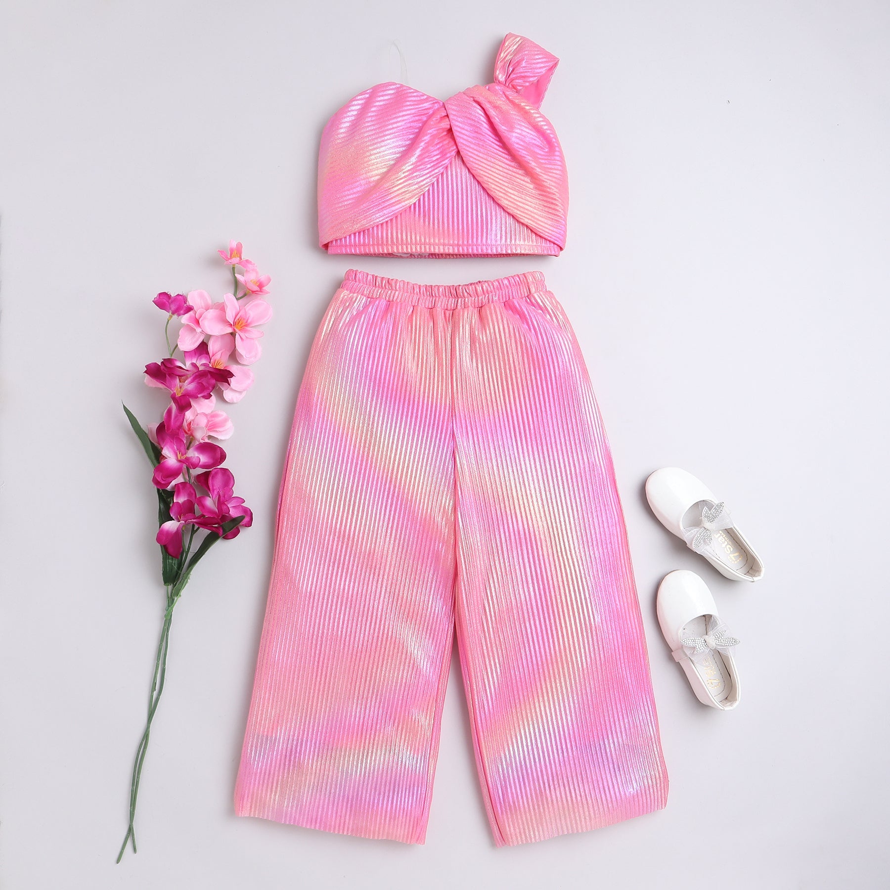 Shop Holographic Pleated Sleeveless Asymmetric Neck Party Crop Top With Matching Pant Co-Ord Set-Pink Online