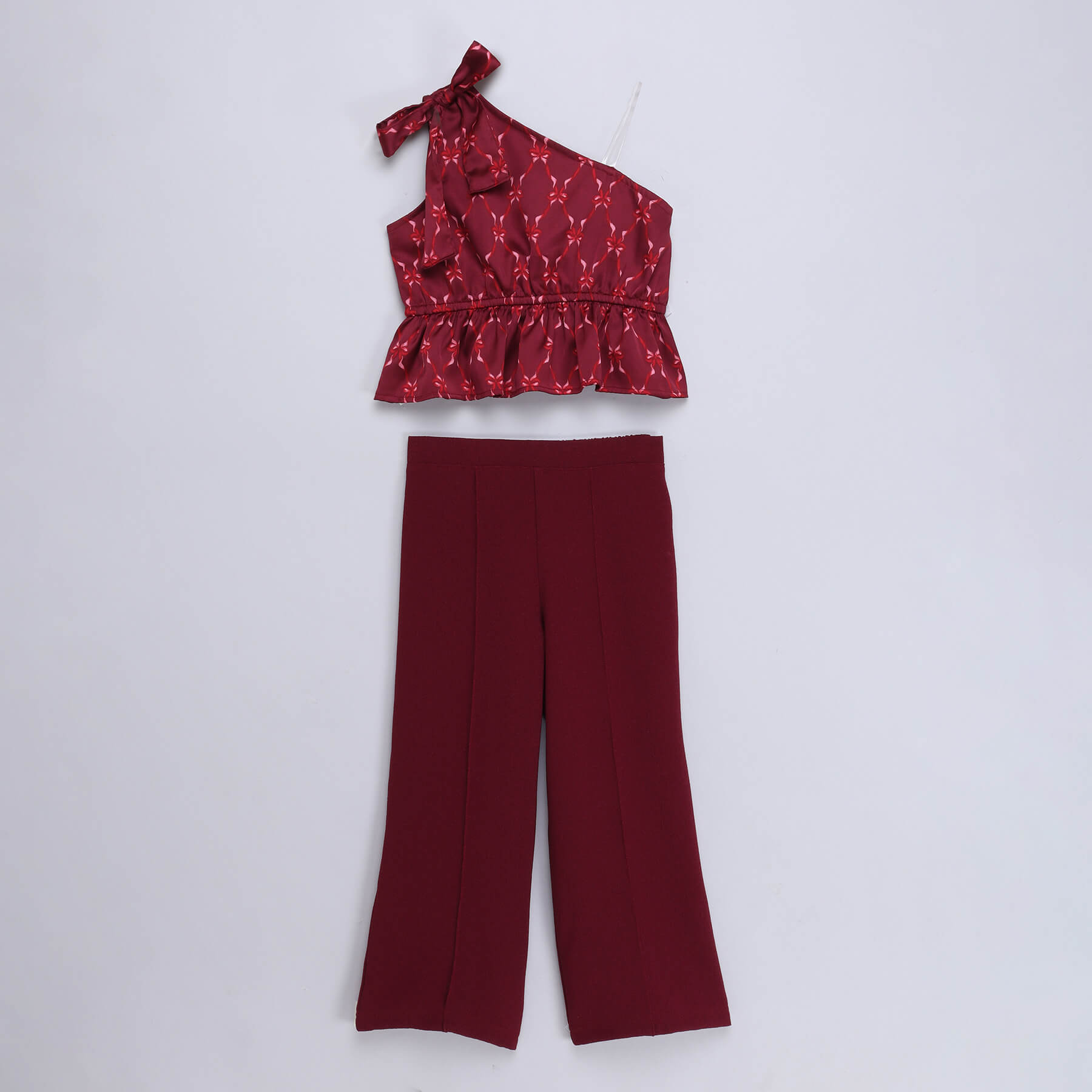 sleeveless one shoulder printed peplum crop top and pant set-Maroon