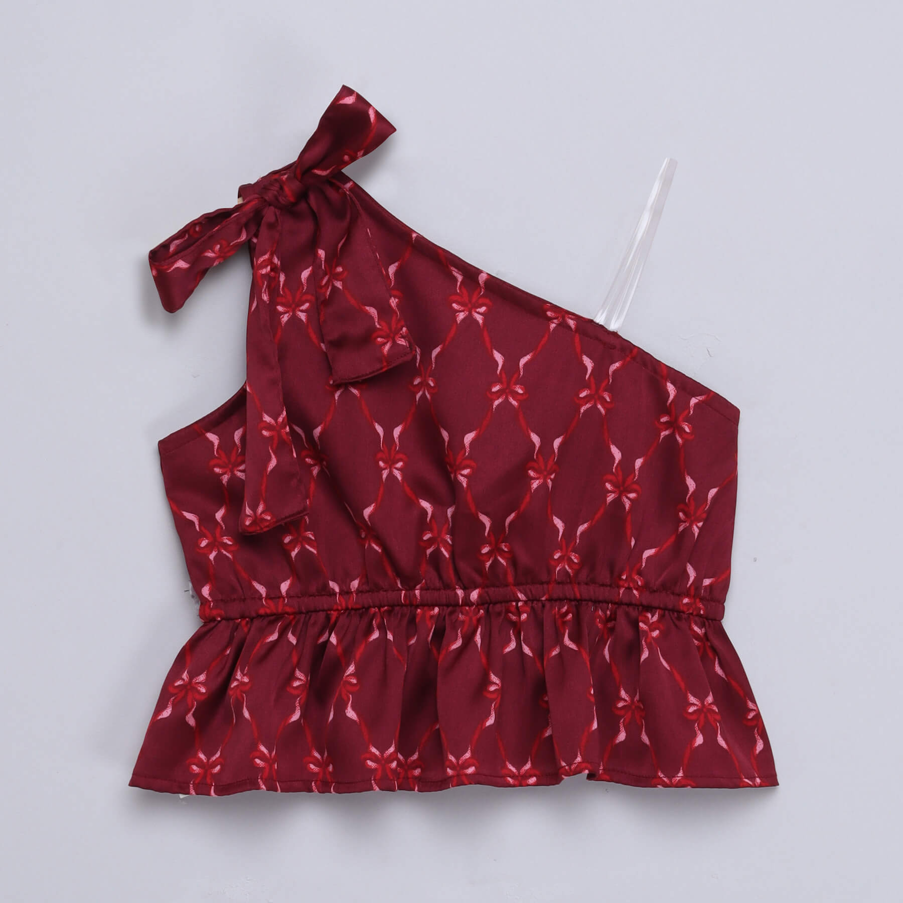 sleeveless one shoulder printed peplum crop top and pant set-Maroon