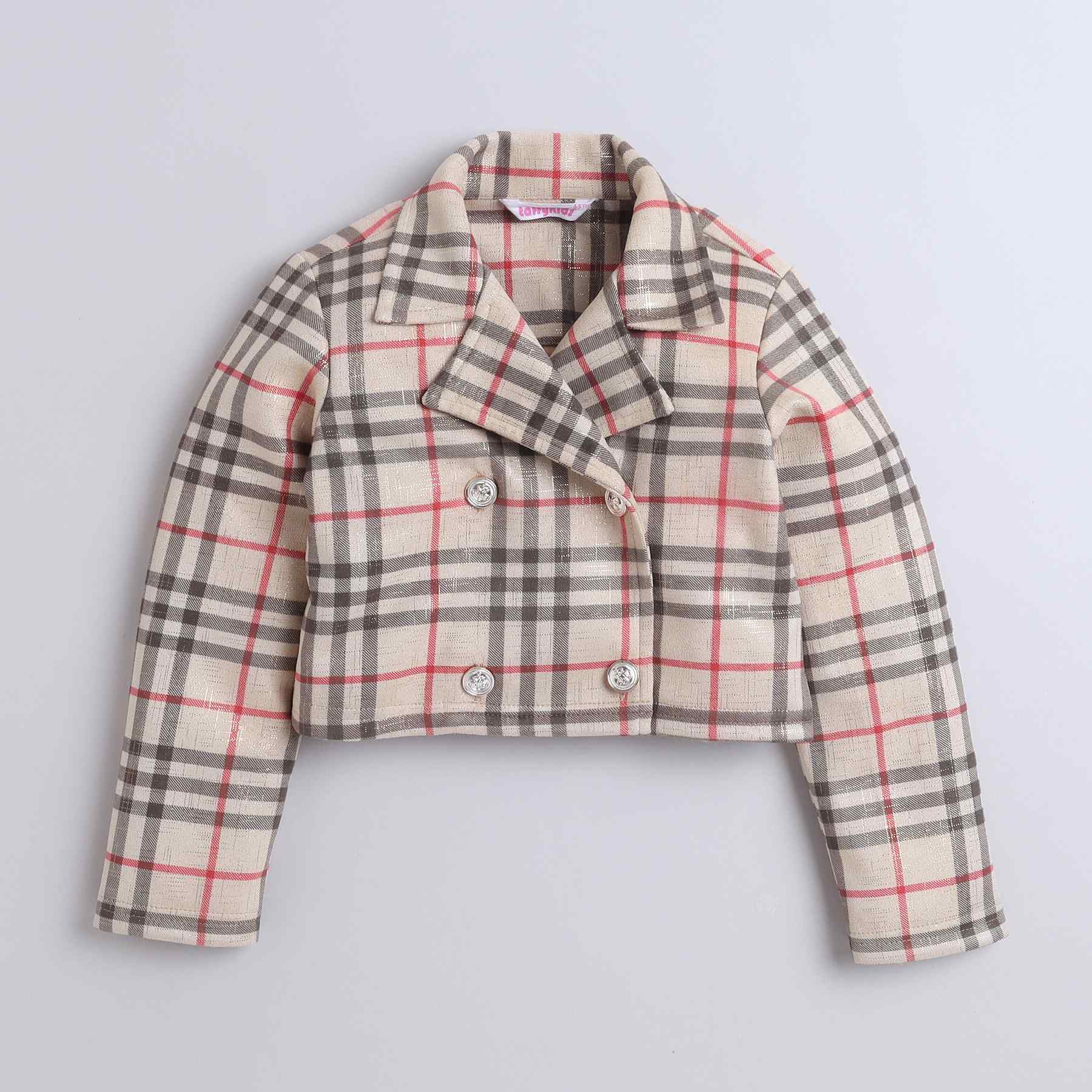 checks printed full sleeves double breasted crop jacket with matching skirt-beige/red