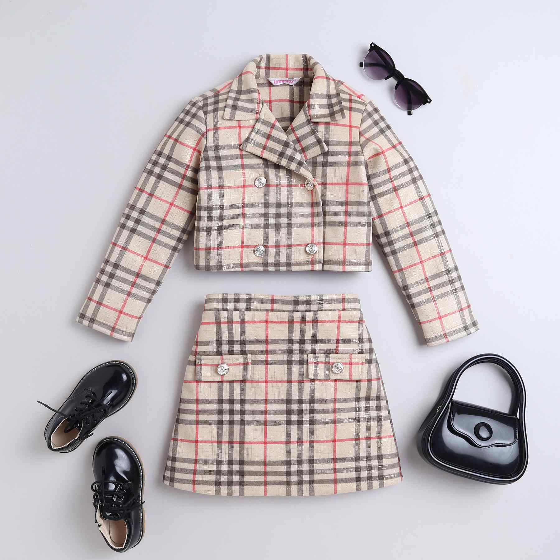 checks printed full sleeves double breasted crop jacket with matching skirt-beige/red