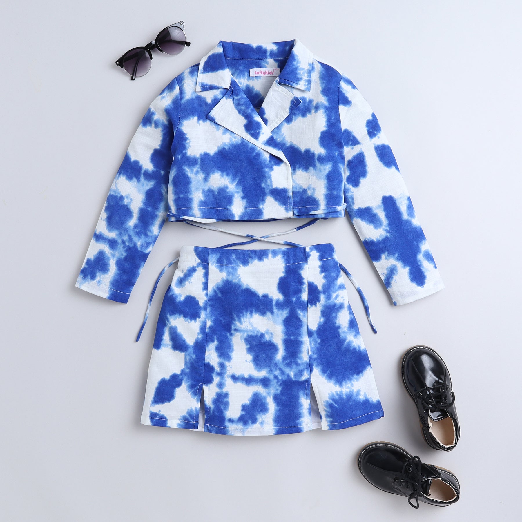 tie and dye printed full sleeves Wrap crop blazer with matching slit detail skirt set- white\blue