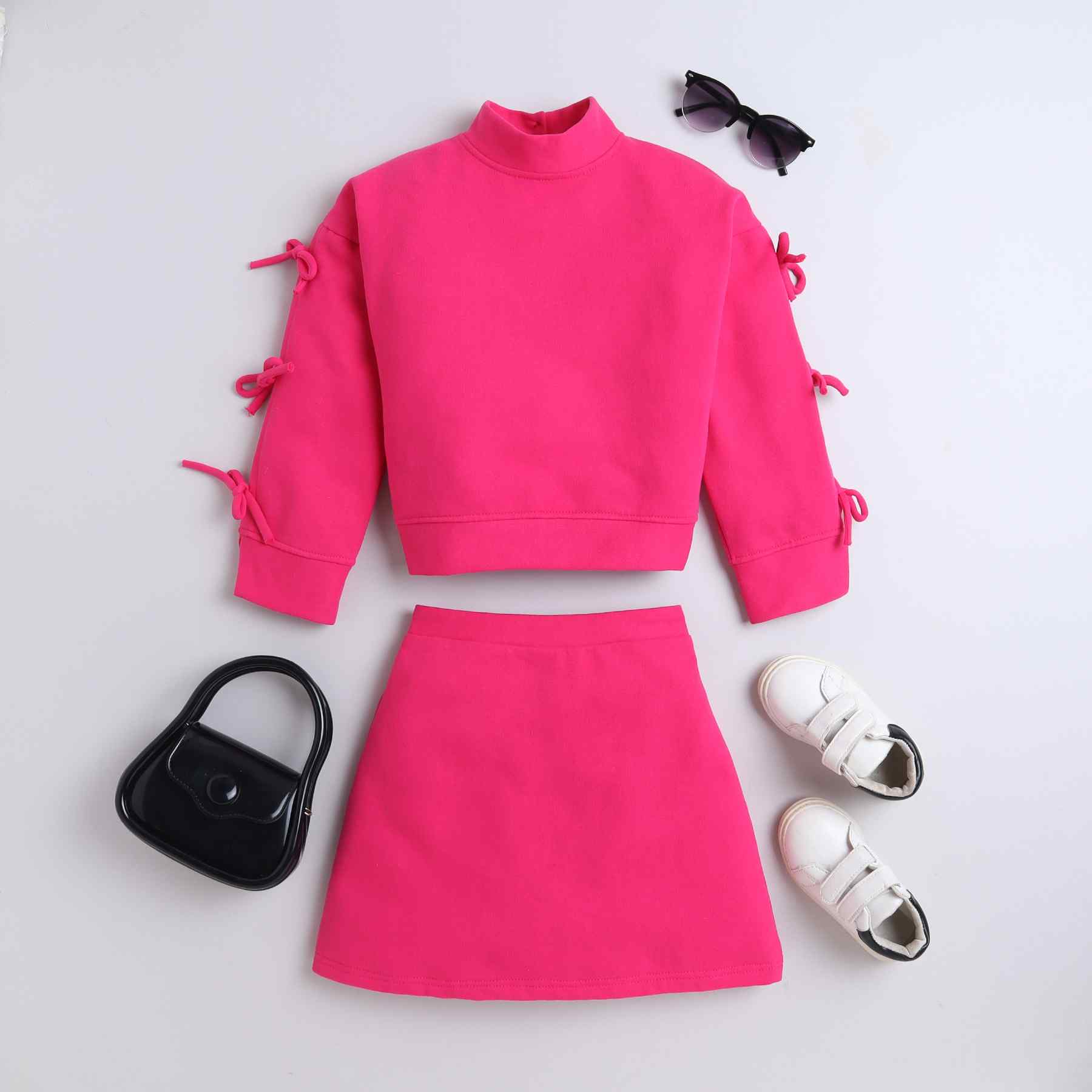 high neck bow detail full sleeves sweatshirt with matching skirt set-Pink