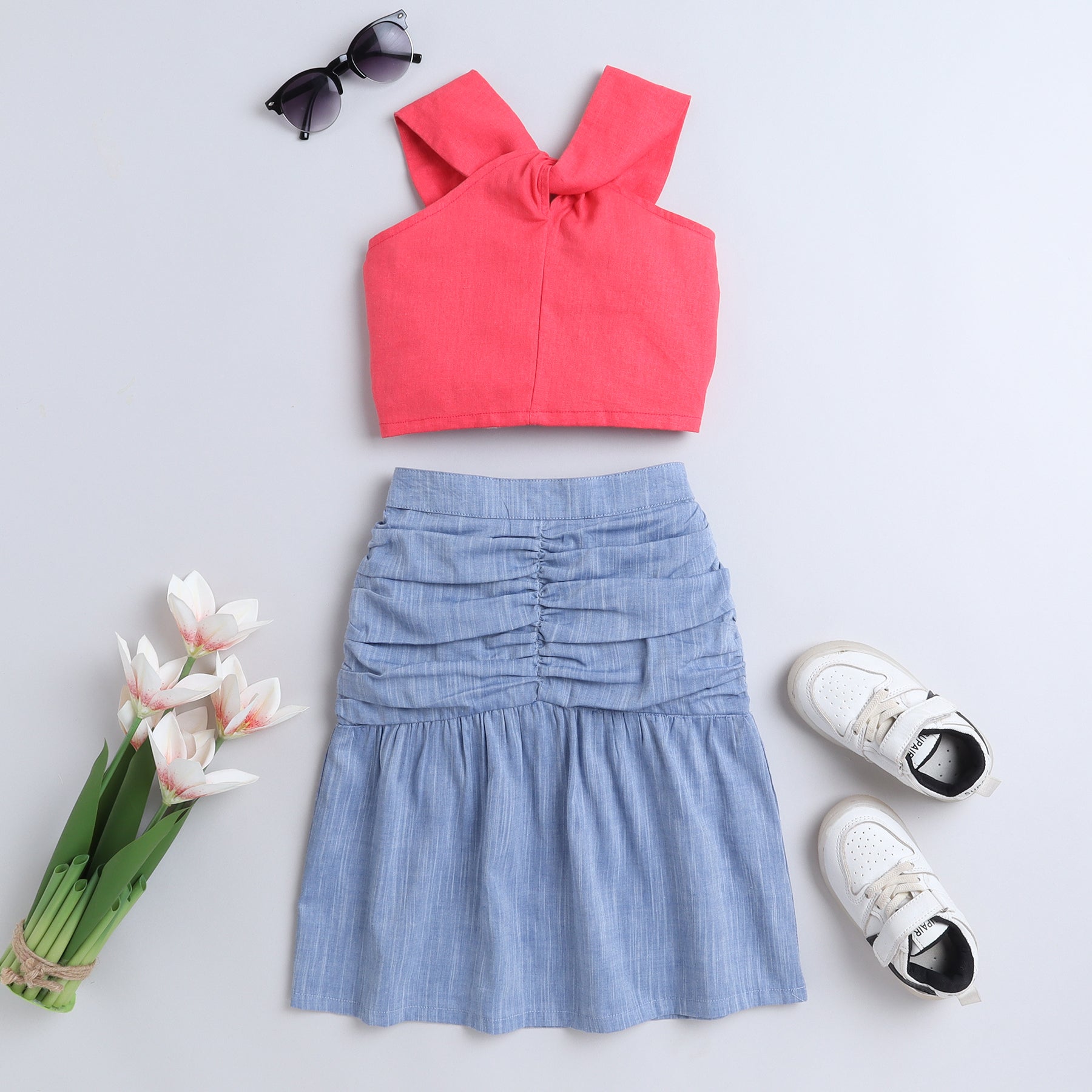 Shop Sleeveless Halter Neck Crop Top With Mid Calf Length Ruched Skirt Set-Coral/Blue Online