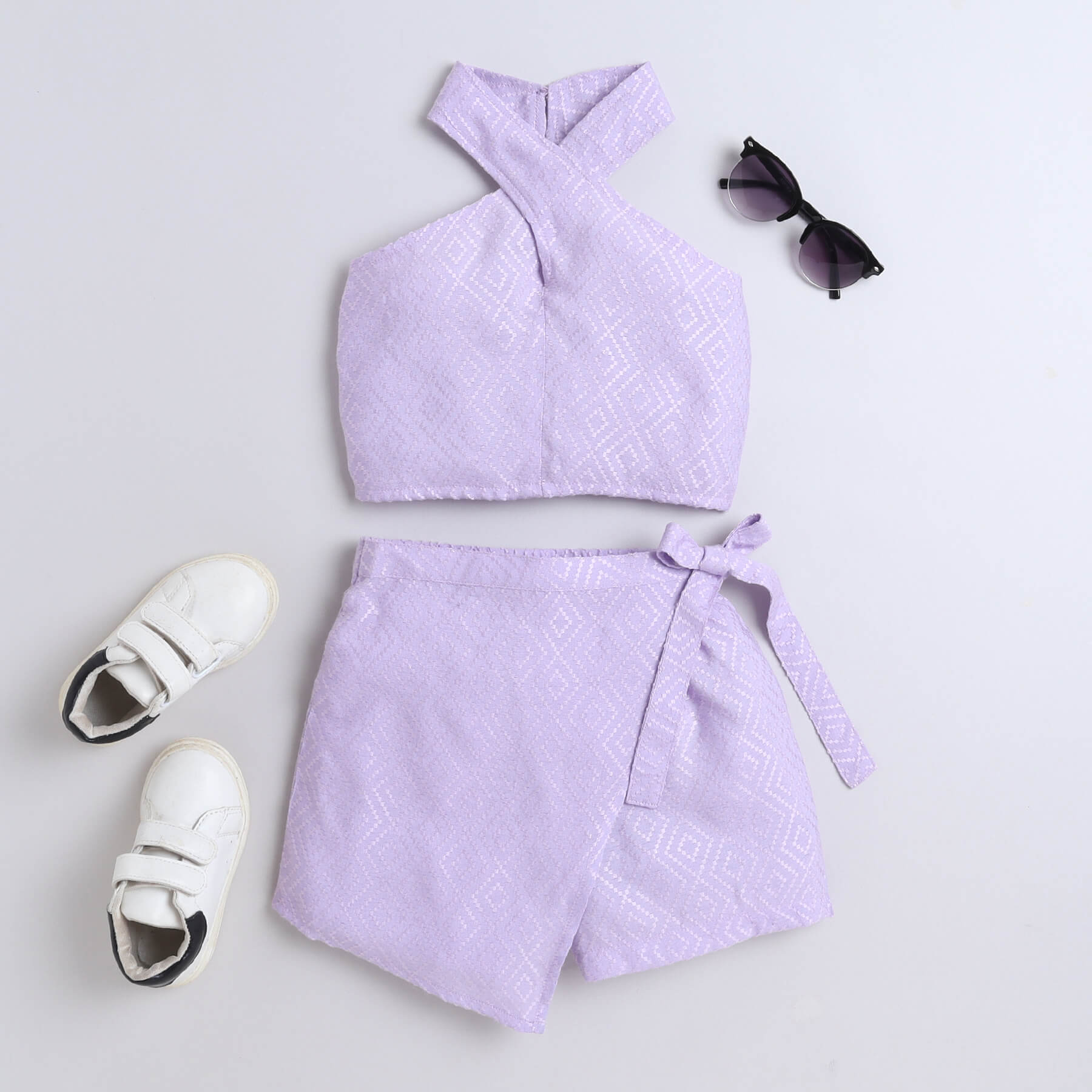 dobby design halter neck crop top and matching skort set-Lilac