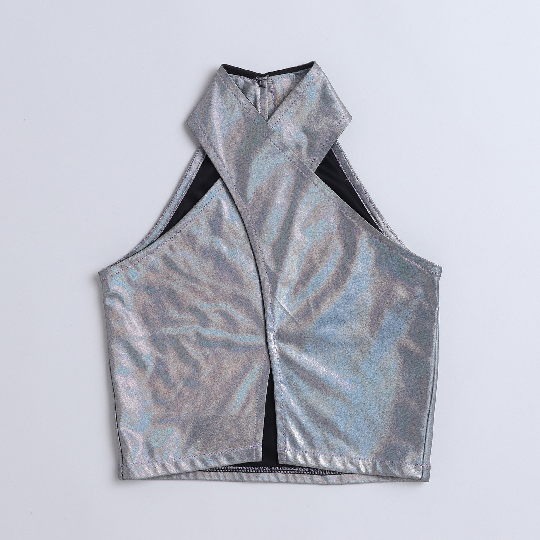 Shop Holographic Halter Neck Slit Party Top With Skirt Set-Silver/Black Online