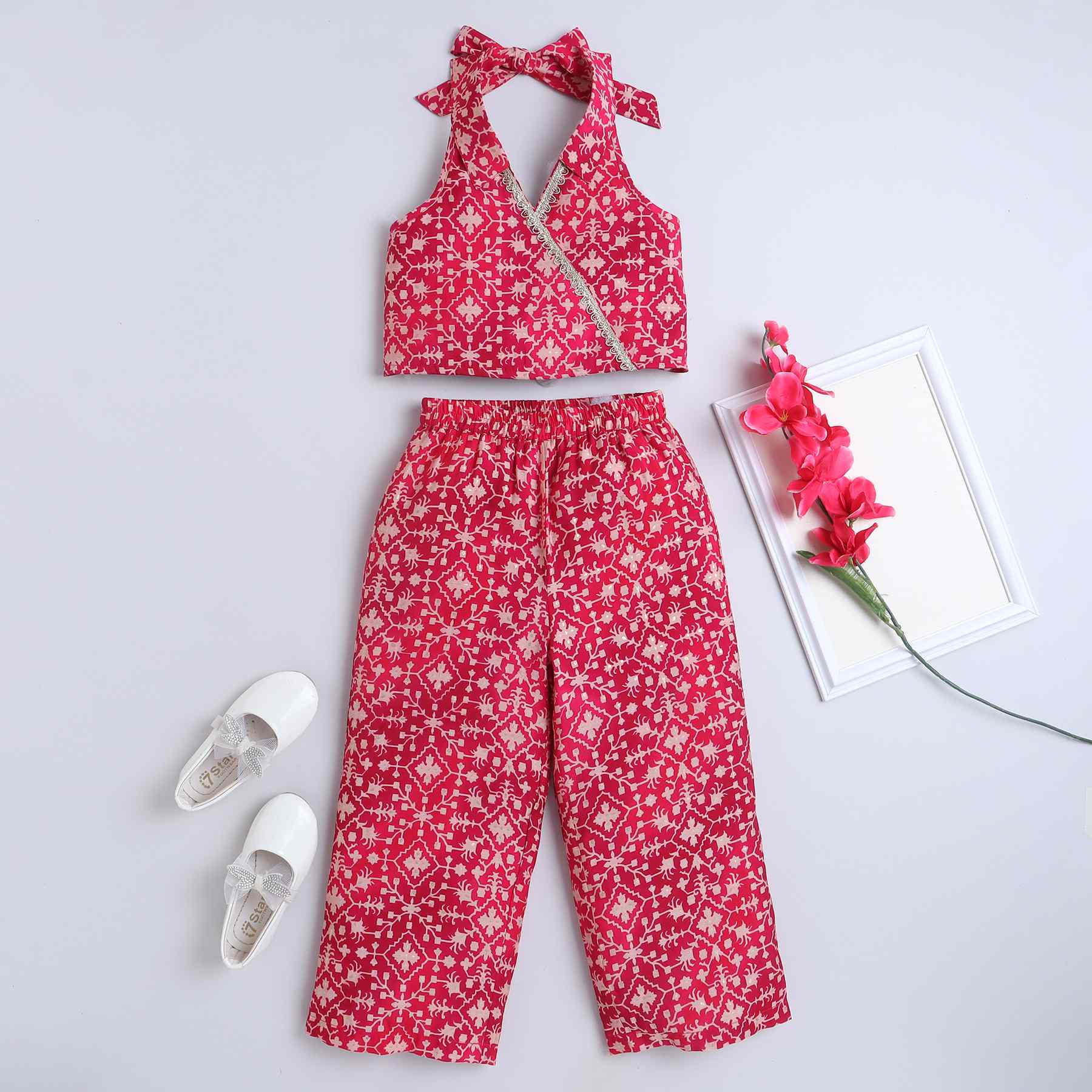 printed collar halter neck back tie up ethnic crop top and matching pant set-Red