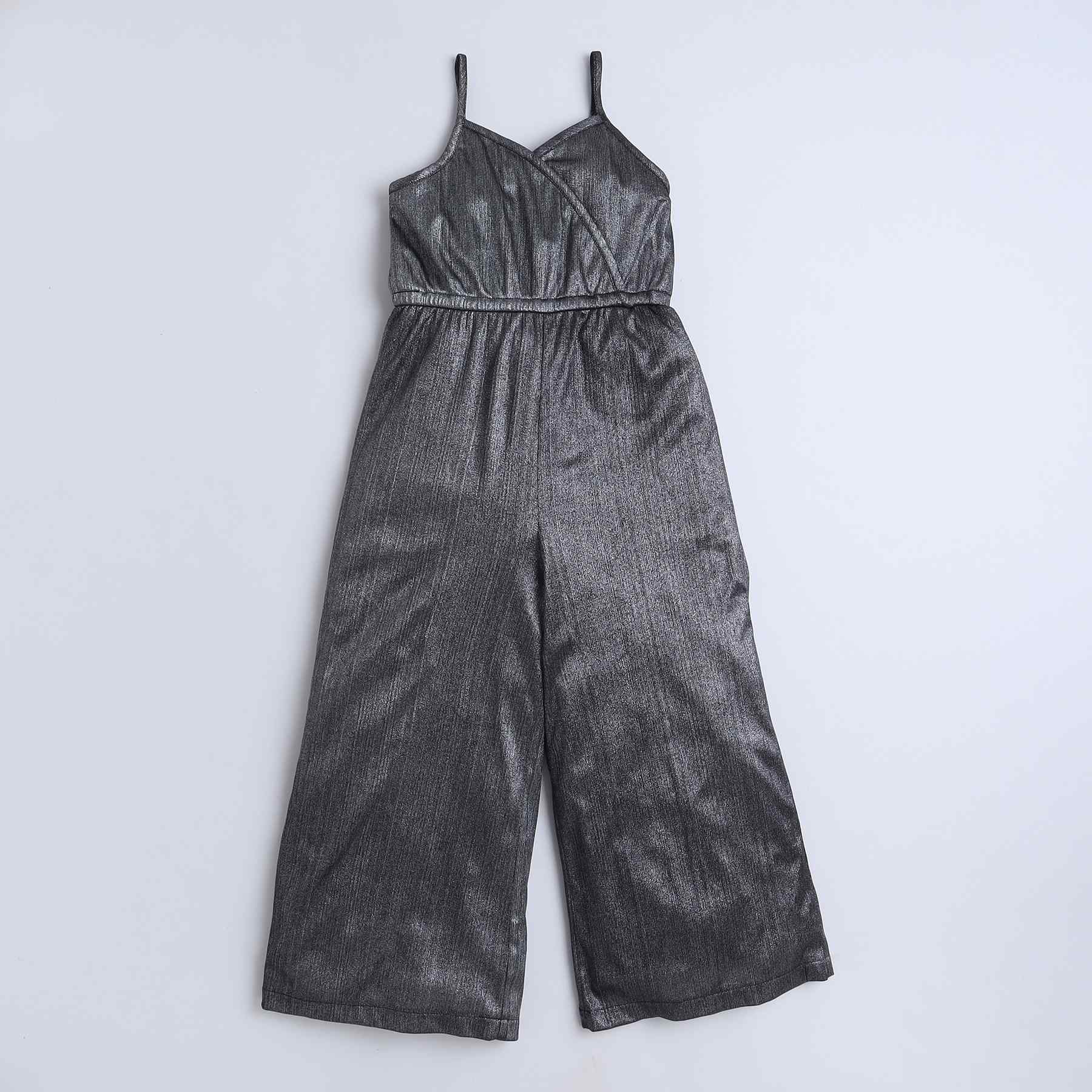 silver metallic singlet party jumpsuit and foil printed crochet crop top set -Silver/Black