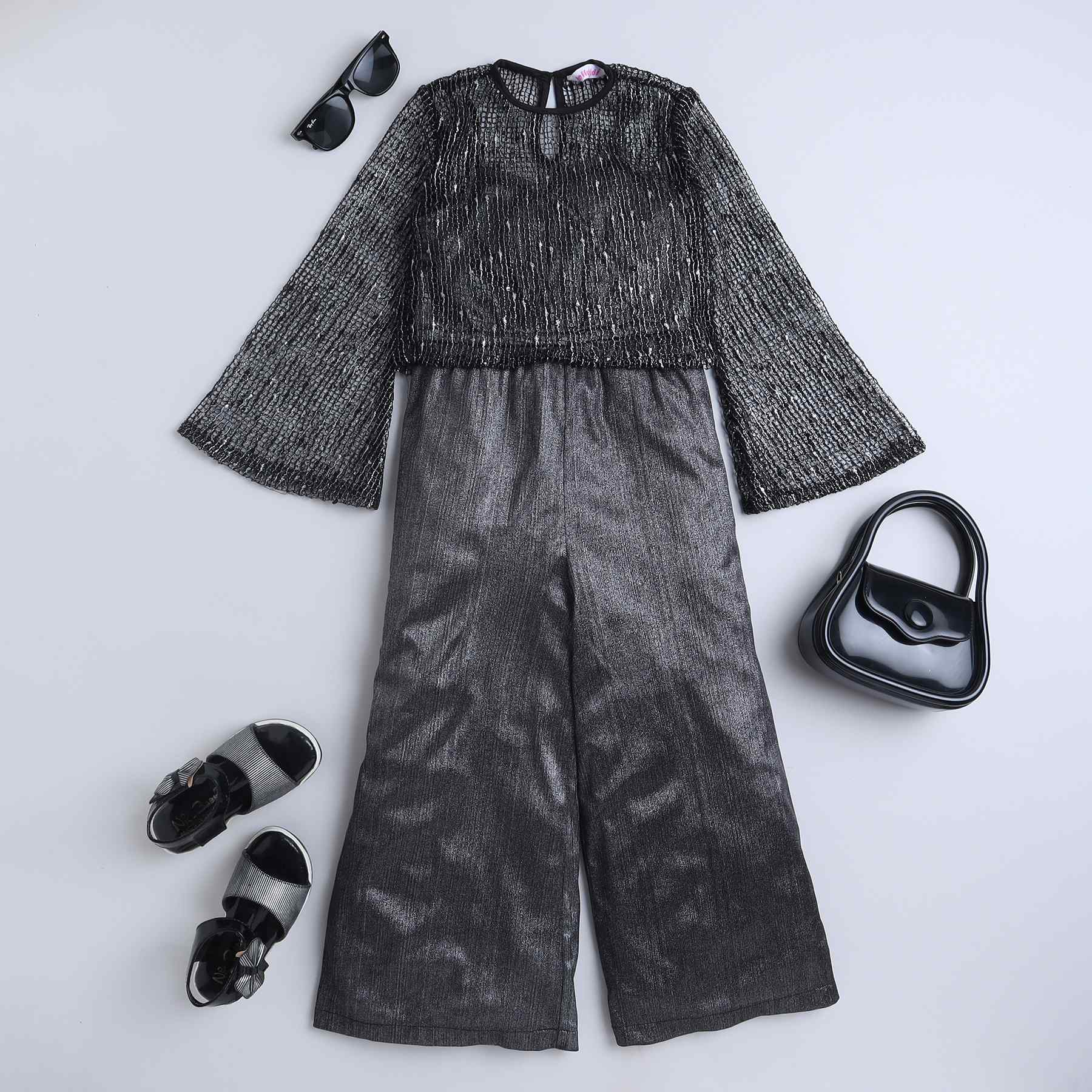 silver metallic singlet party jumpsuit and foil printed crochet crop top set -Silver/Black