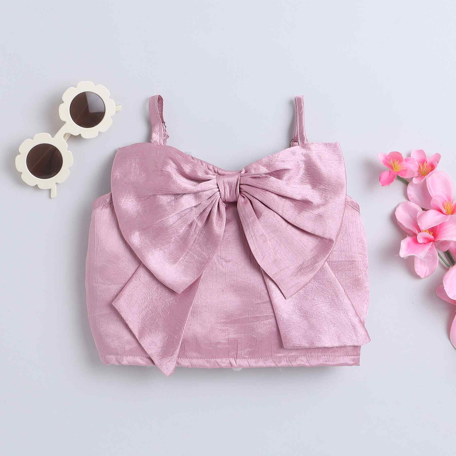 solid Bow detailed singlet party crop top-Pink