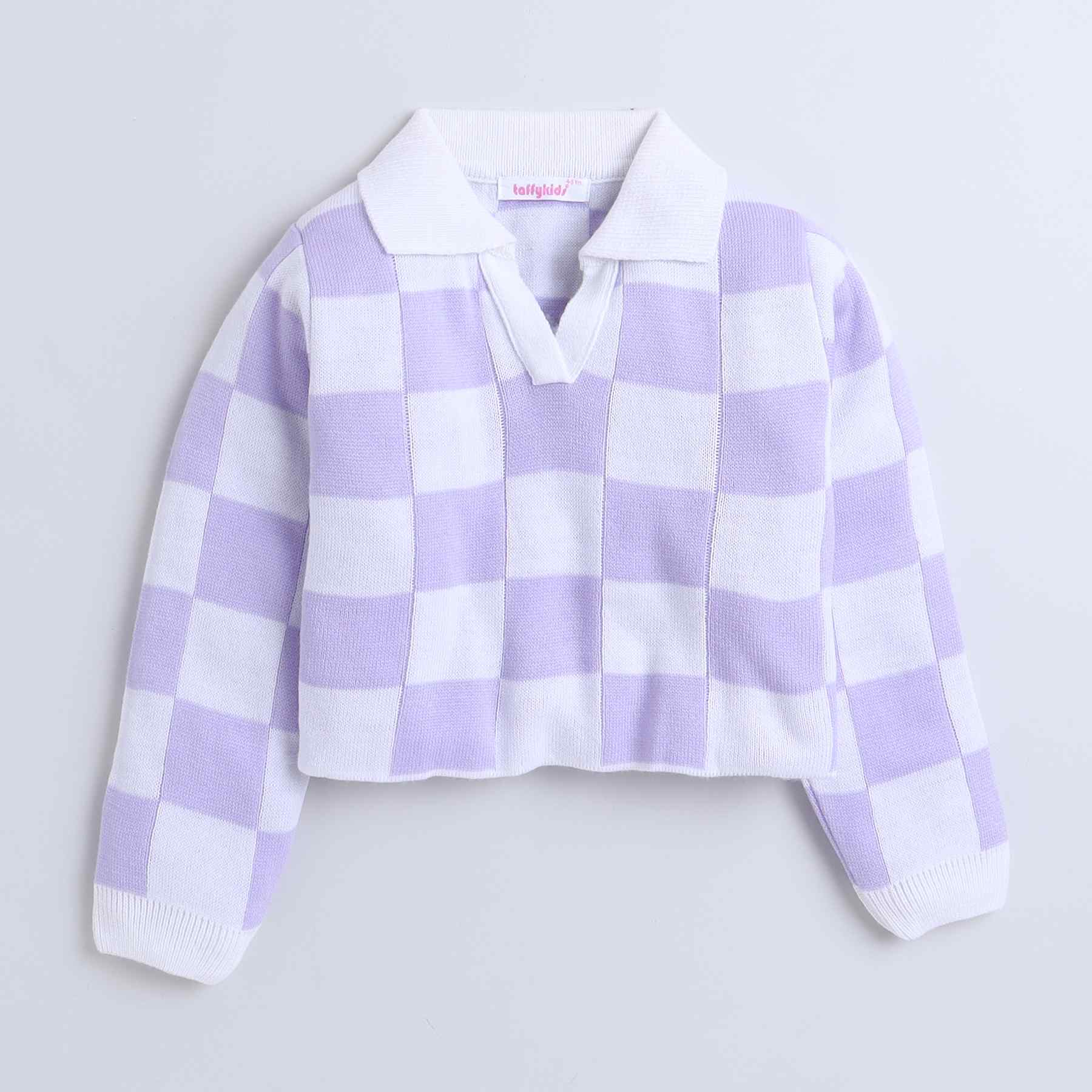 full sleeves collar neck checked crop Sweater-Lilac/white