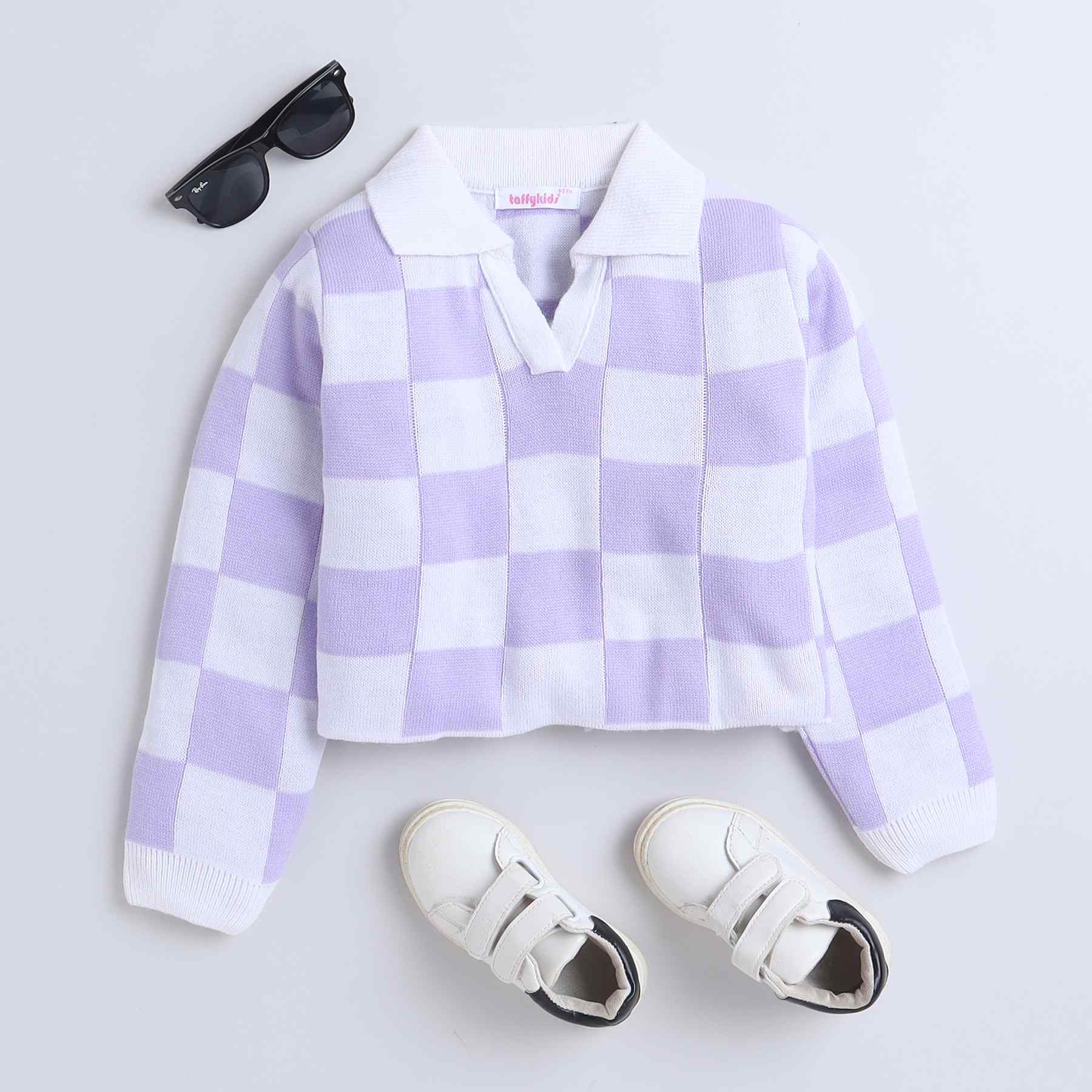 full sleeves collar neck checked crop Sweater-Lilac/white