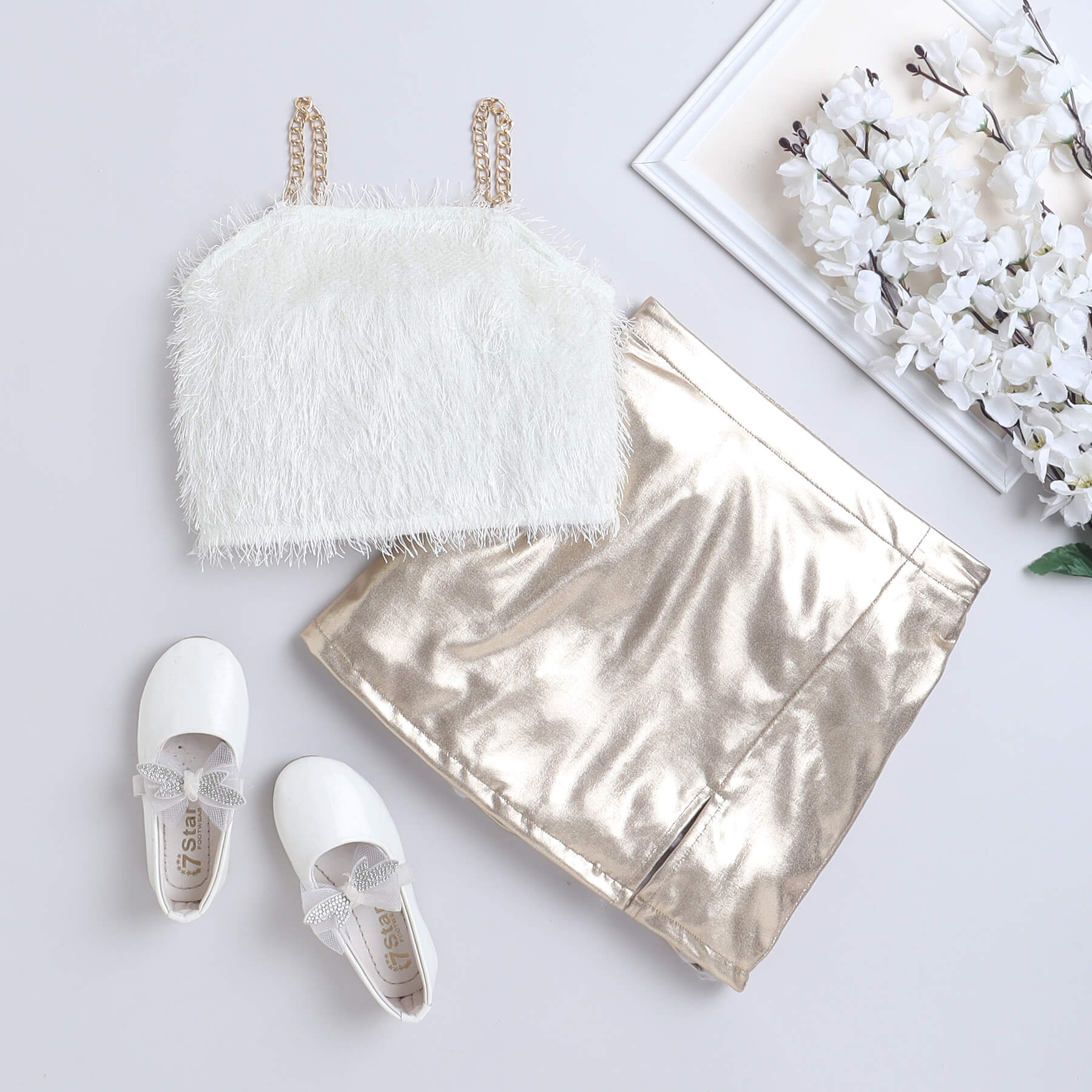 Fur singlet party crop top and golden metallic slit skirt set-off White/Gold