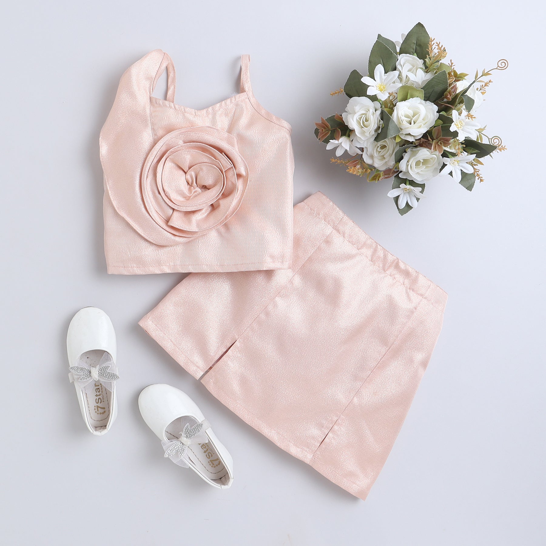 ruffle rose singlet party crop top and matching slit skirt set-Golden