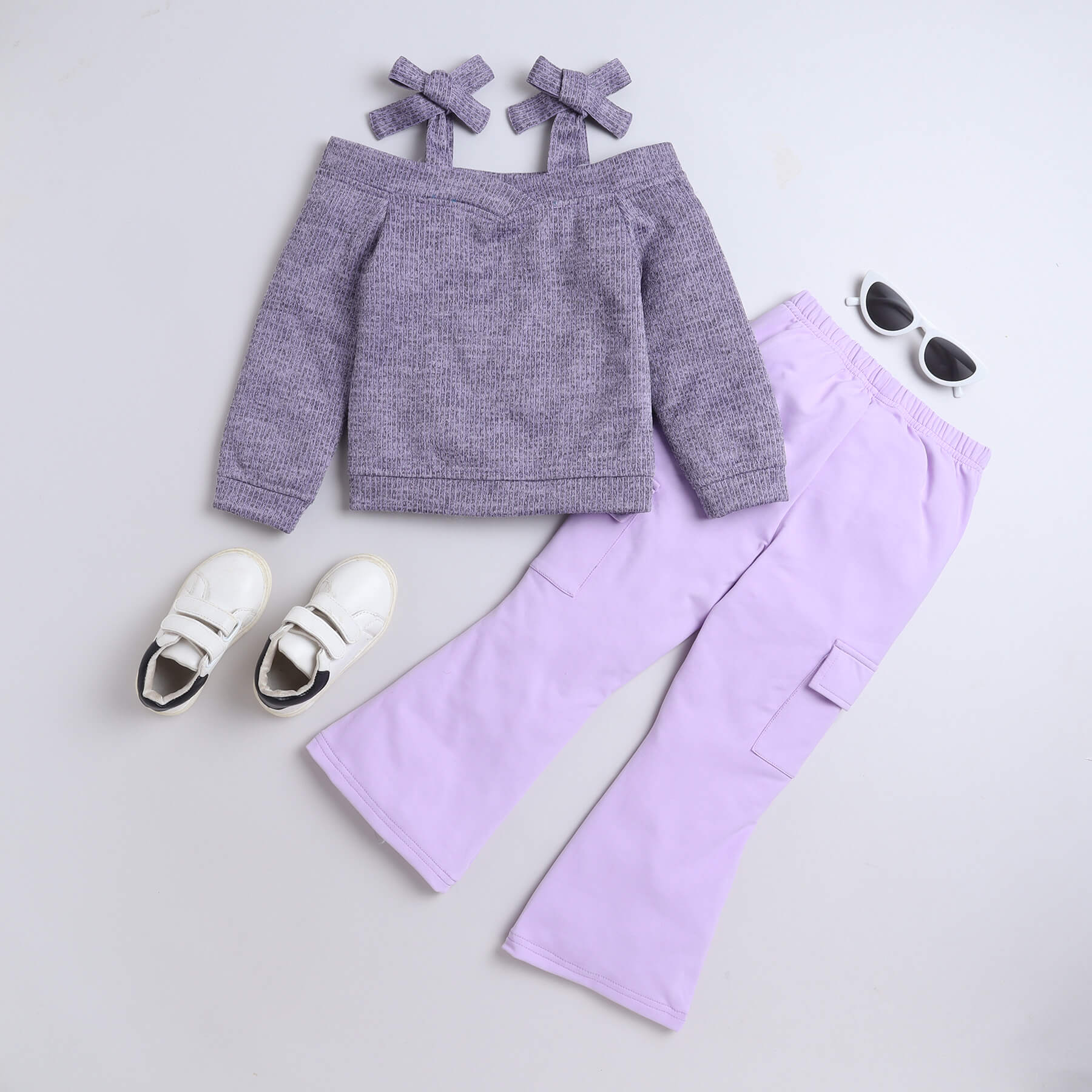 off- shoulder tie up detail full sleeves top and bell bottom cargo pant set-Purple