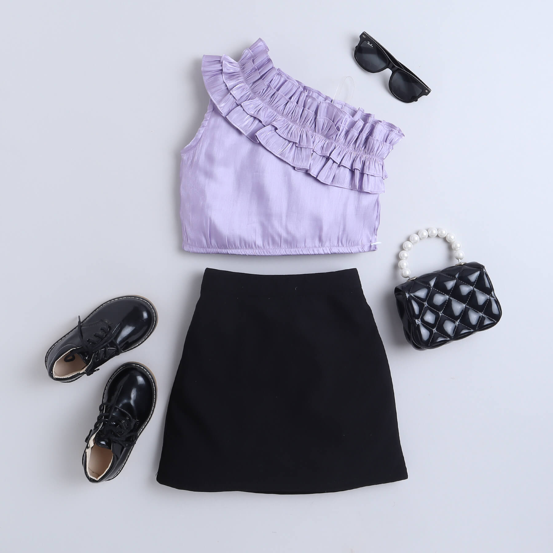 frill detail one shoulder party crop top and skirt set-Purple/ Black