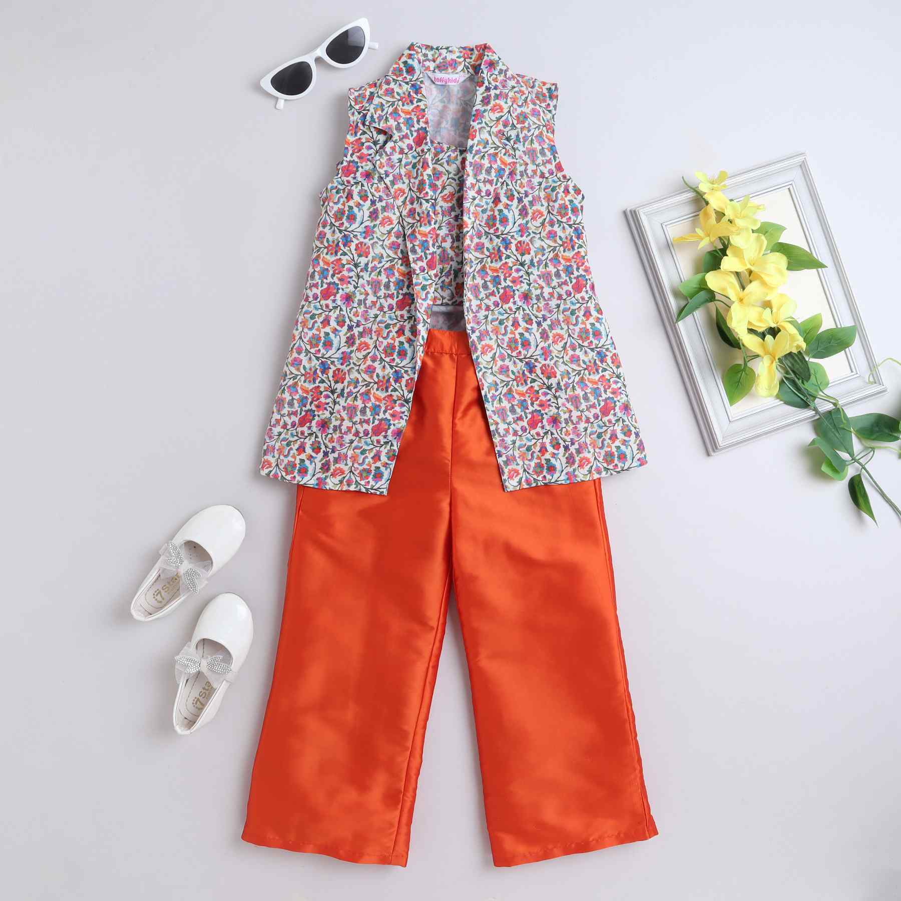 floral printed sleeves ethnic jacket with matching singlet crop top and solid pant set-Orange/Multi