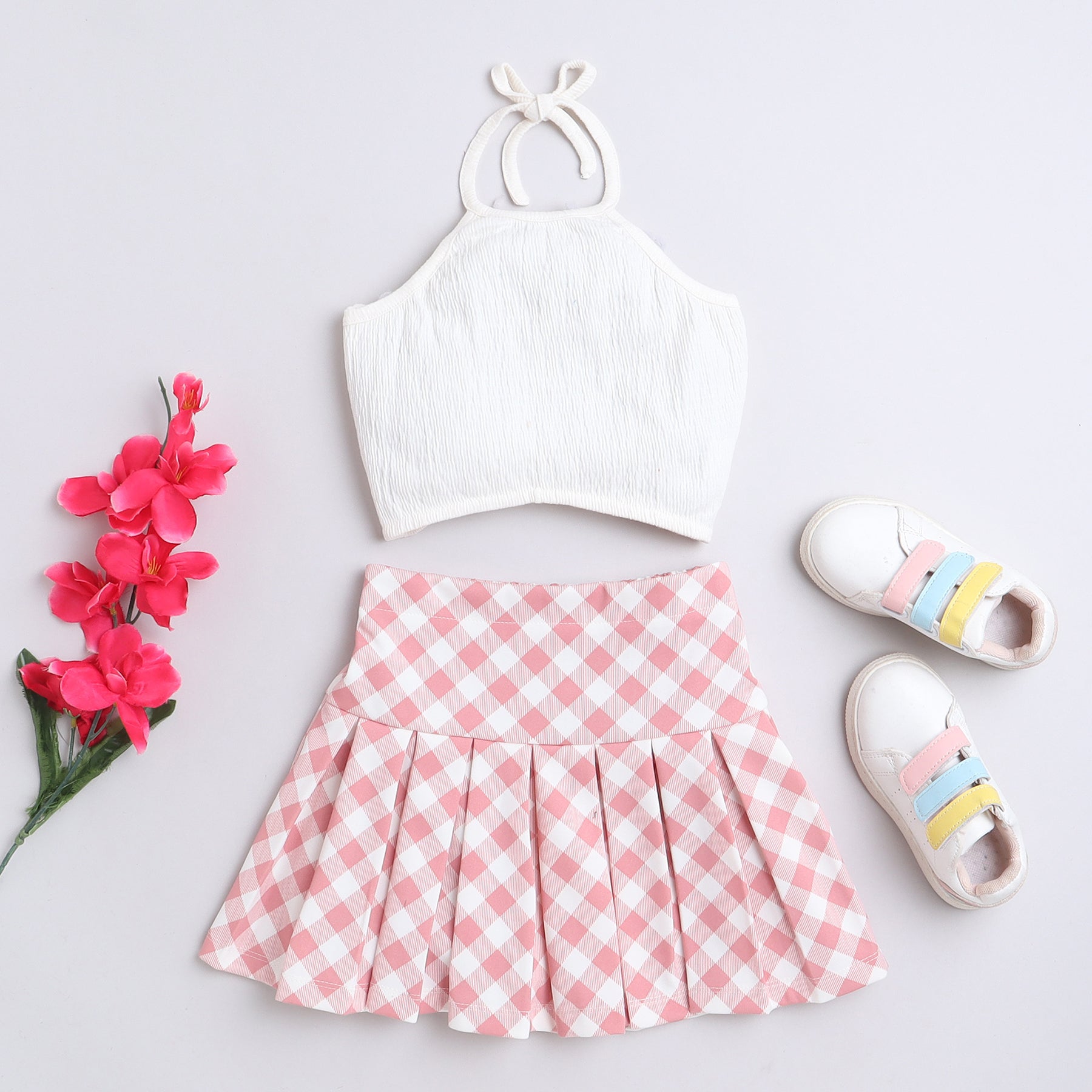 Shop Taffykids Crush Texture Halter Neck Crop Top With Checks Printed Pleated Skirt Set-Off White/Pink Online