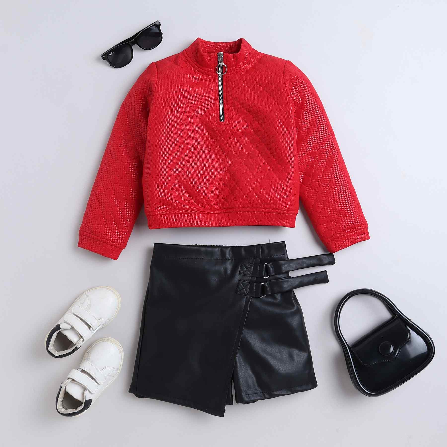 Quilted full sleeves zip up sweatshirt and leather skorts set-Red/Black