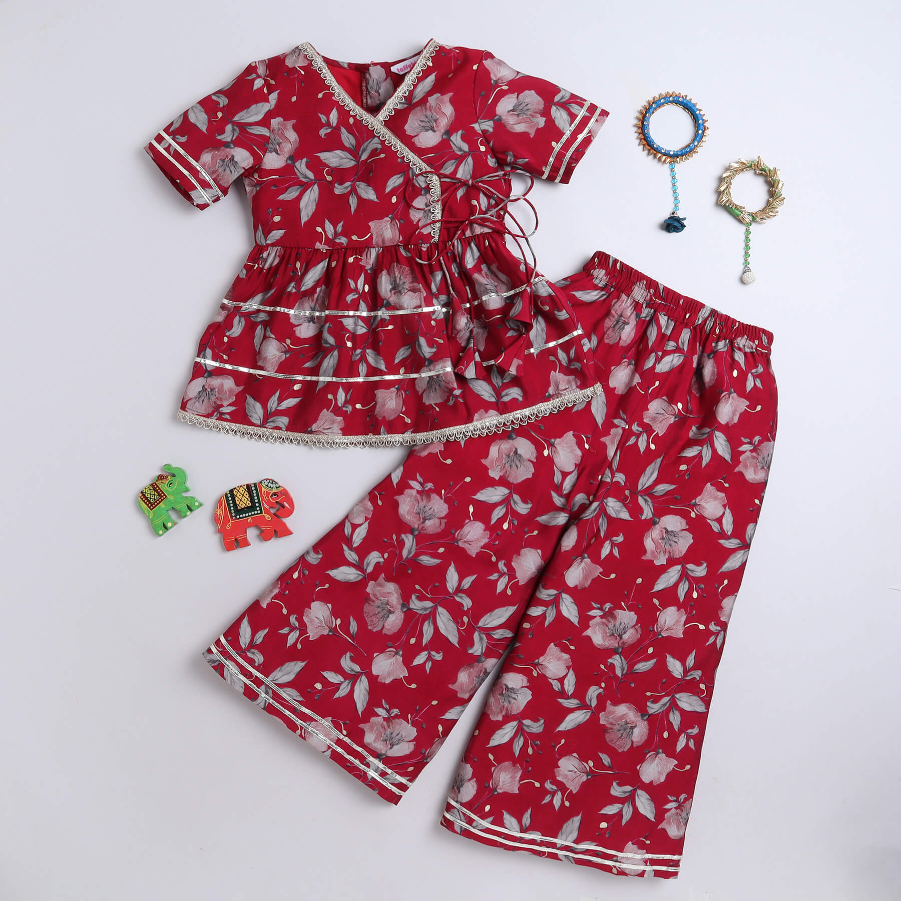 Muslin cotton v neck tie up gathered top with matching pant set - maroon