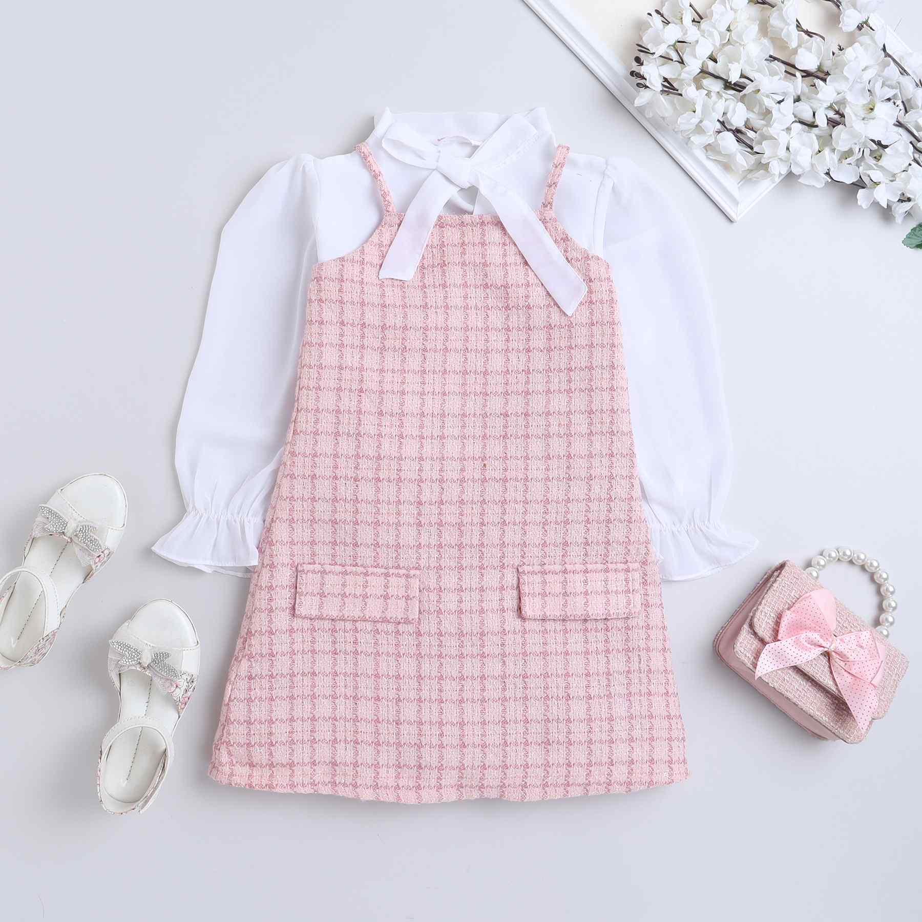 neck tie up blouse with tweed dungaree dress - White / Pink