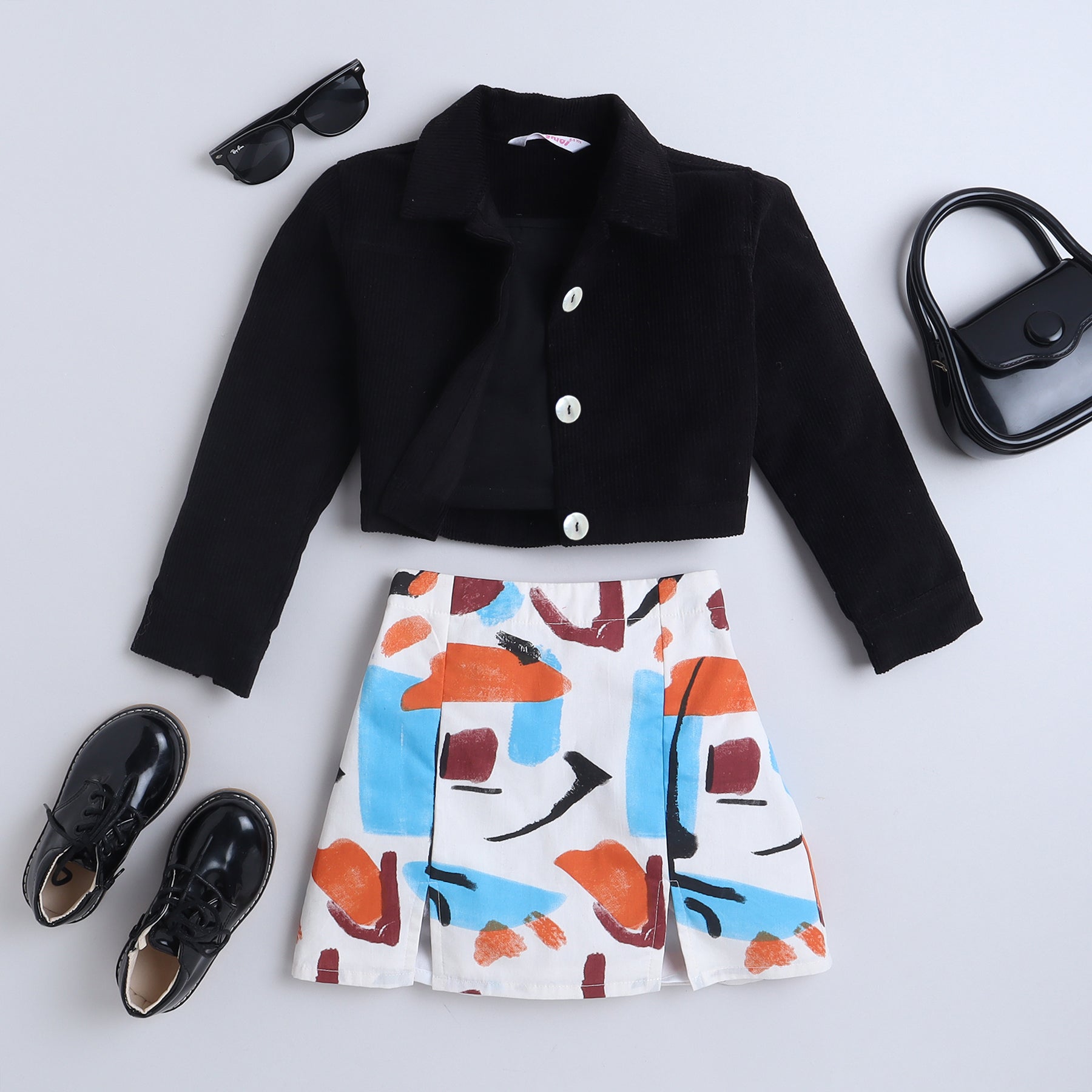 corduroy jacket with inner and abstract printed skirt set - Black / multi