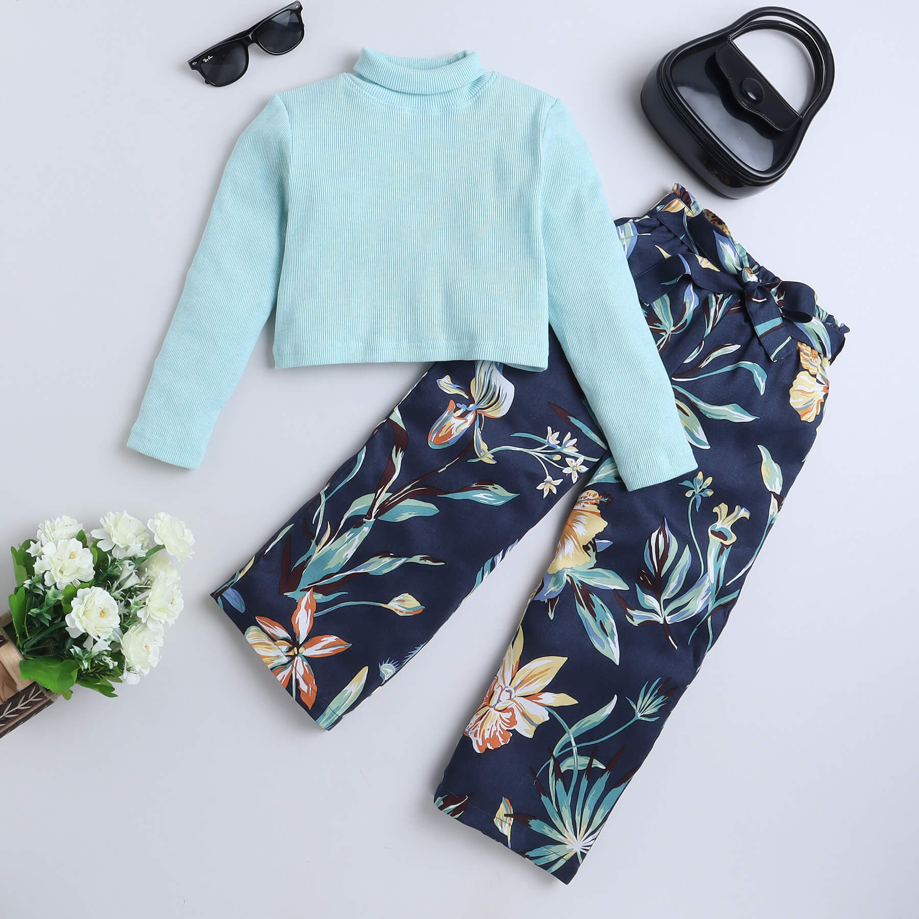 polo neck full sleeve top with printed palazzo set - Aqua