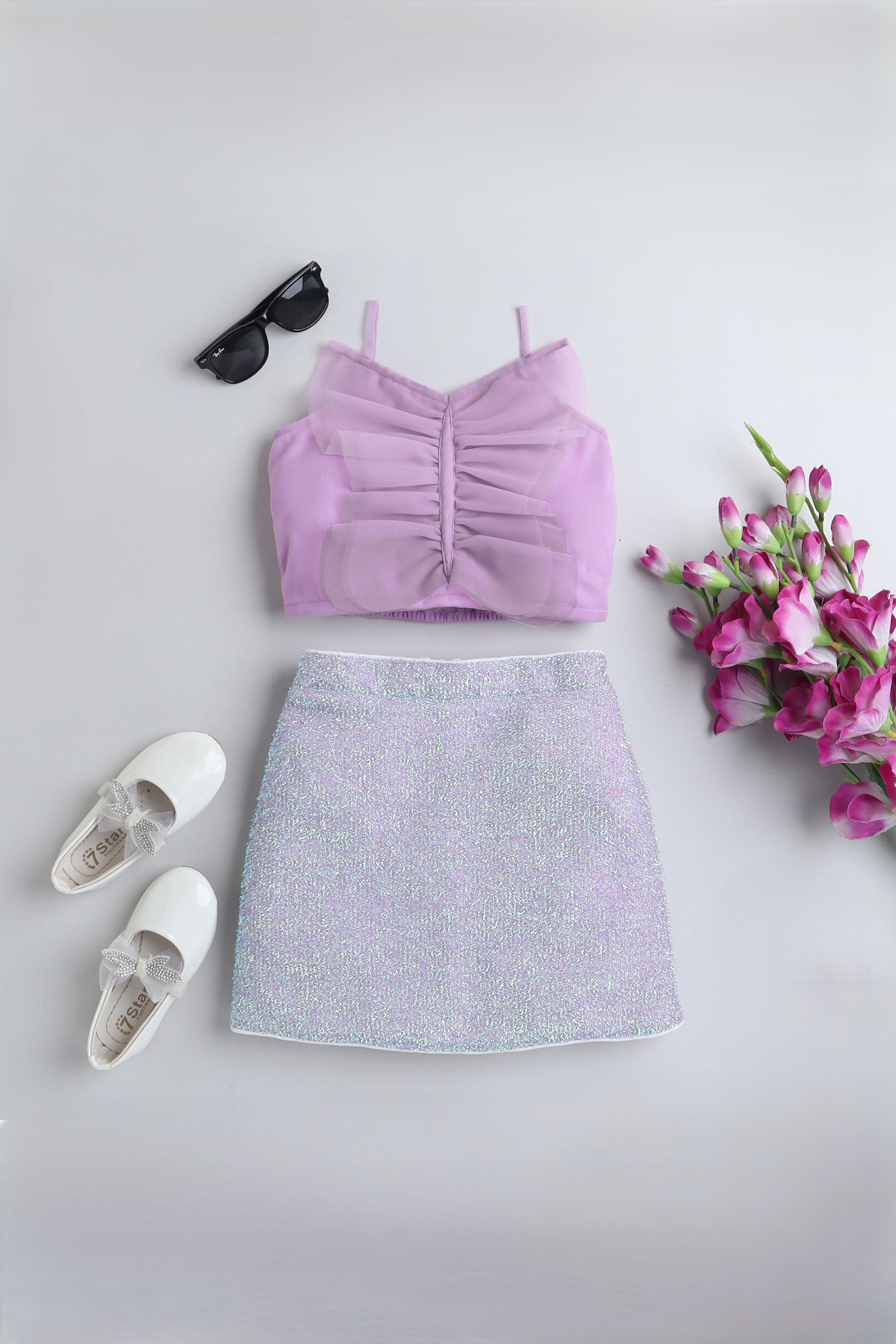 butterfly applique singlet party crop top and metallic lurex skirt set-Purple/Multi