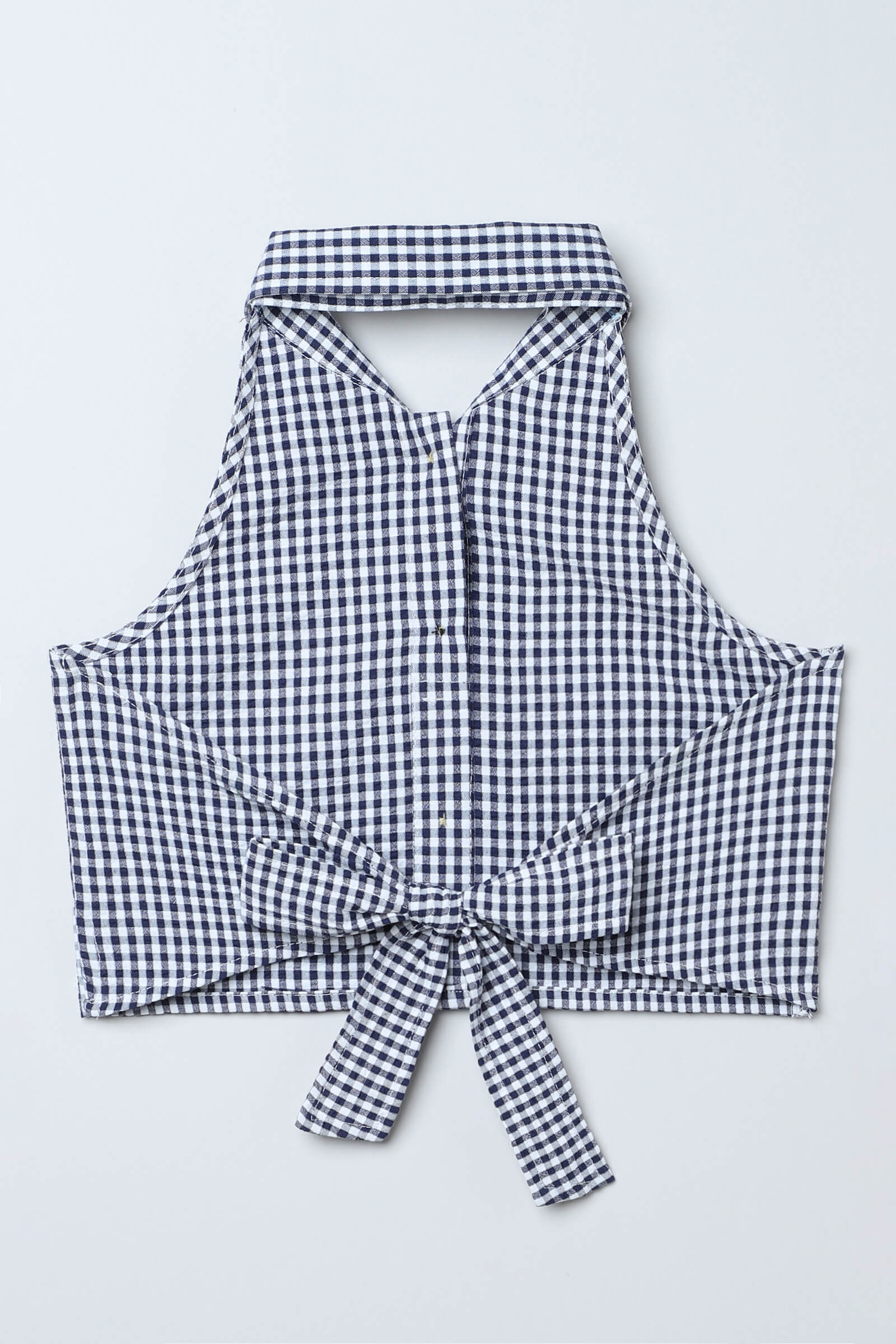 100% cotton Woven sleeveless yarn dyed checked back tie up halter neck crop top- Navy & White