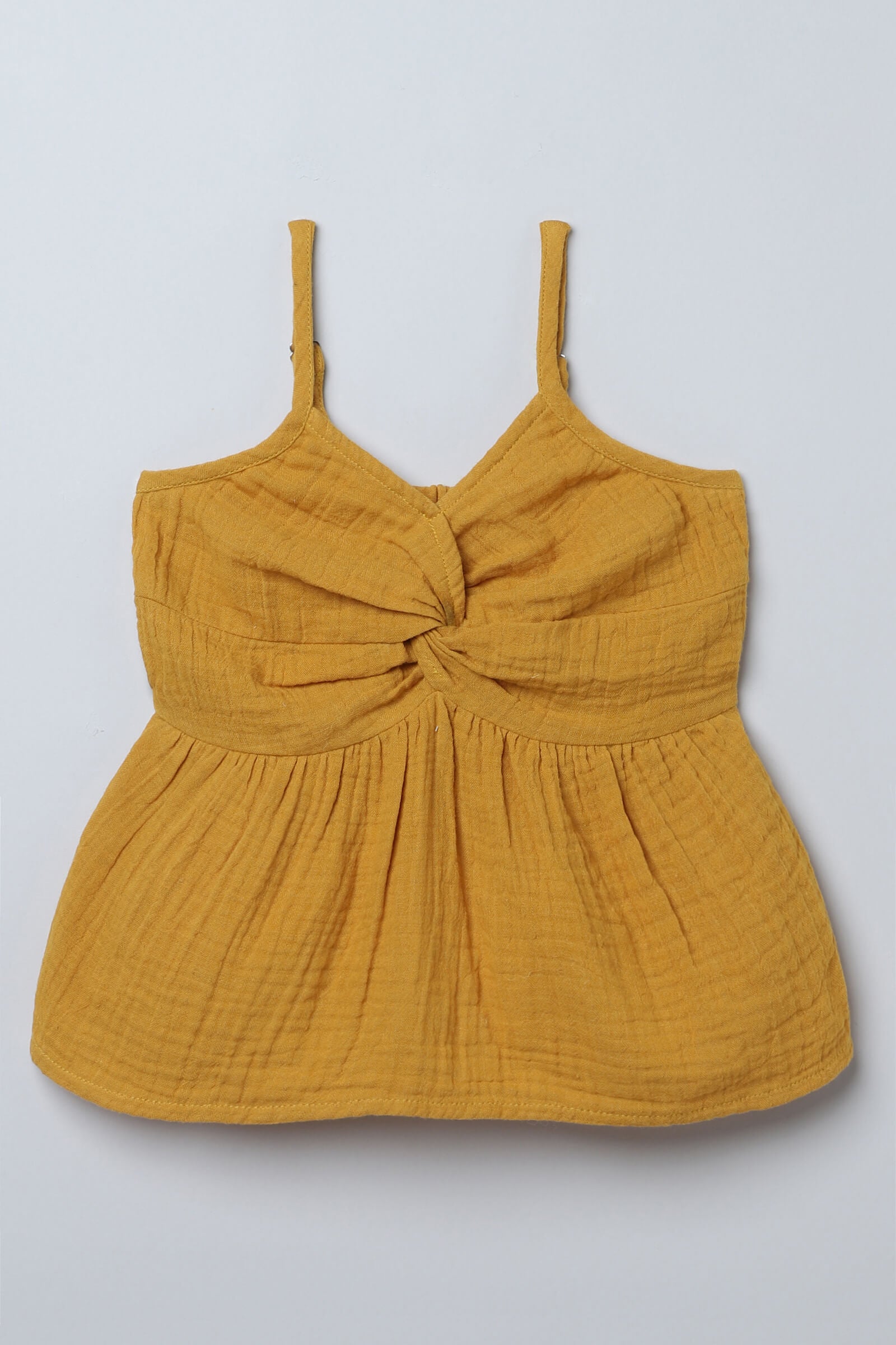 100% cotton woven sleeveless Twist detail peplum top-Mustard yellow